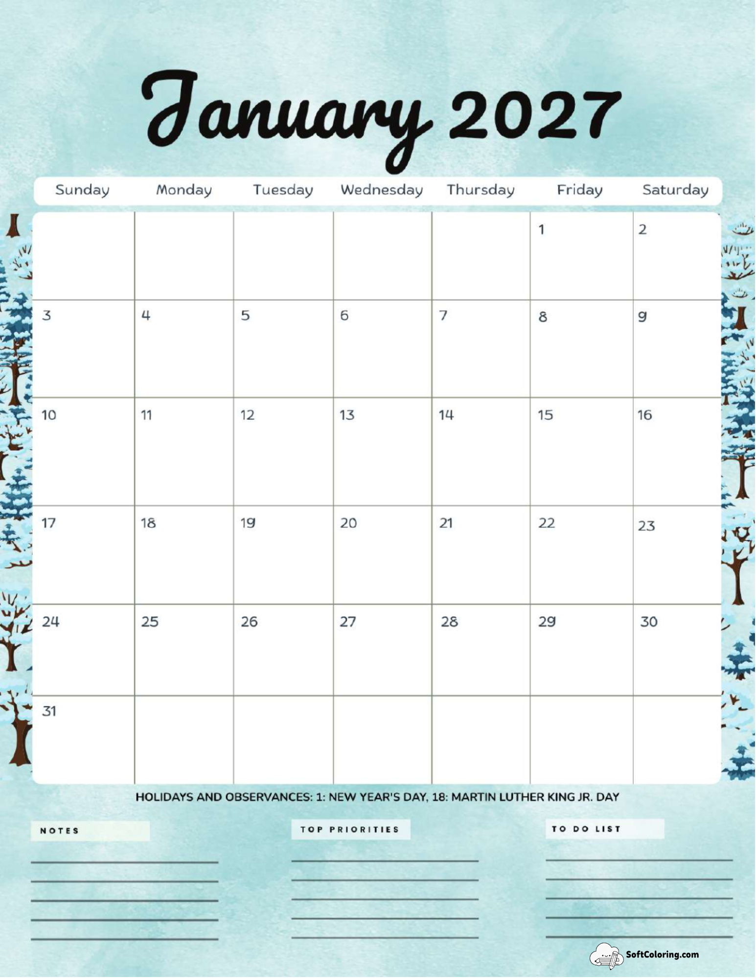 January 2027 Calendar Printable Trees Portrait