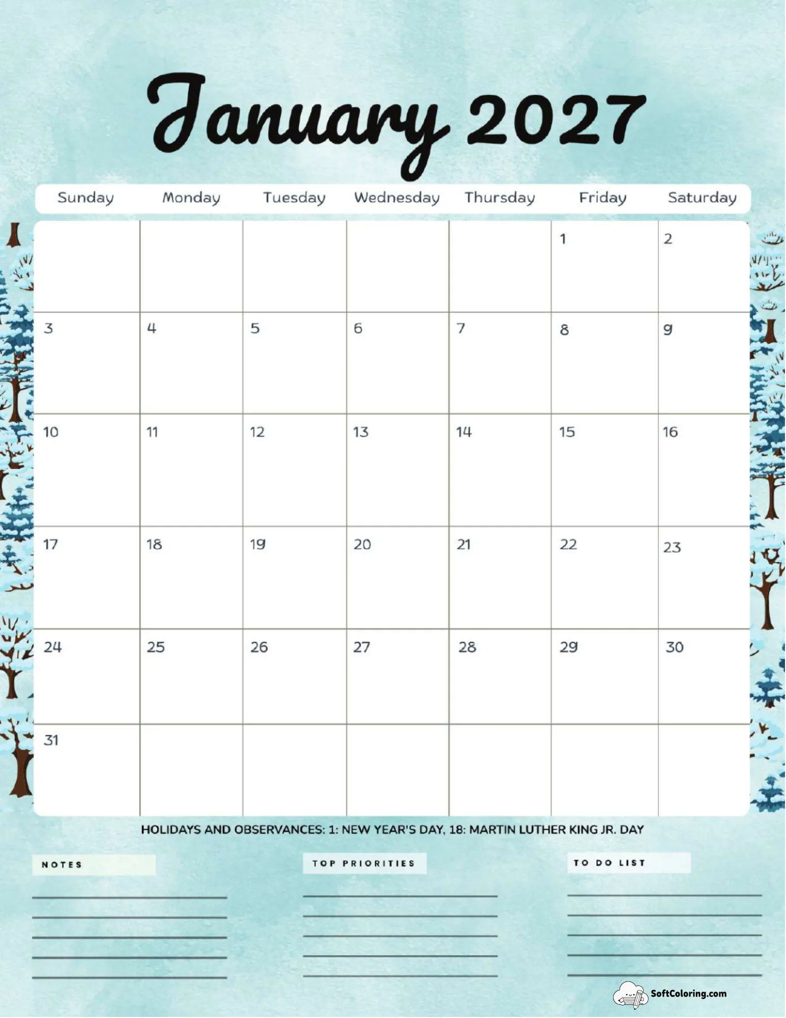 January 2027 Calendar Printable Trees Portrait