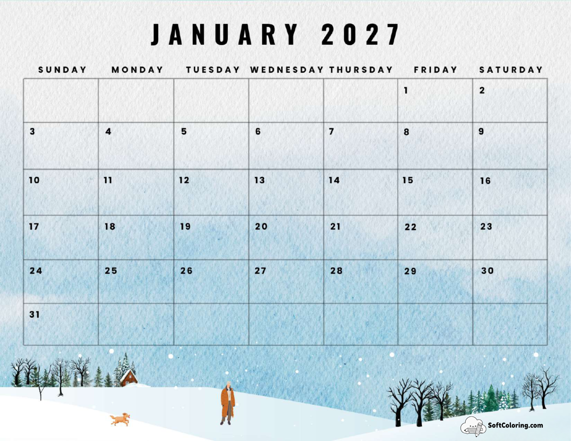 January 2027 Calendar Printable Watercolor Landscape