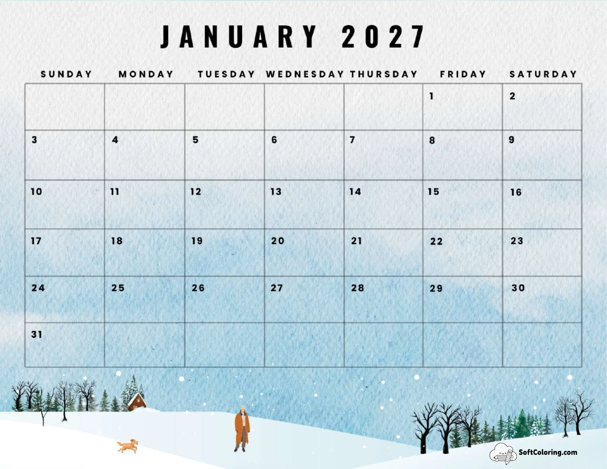 January 2027 Calendar Printable Leaves Landscape