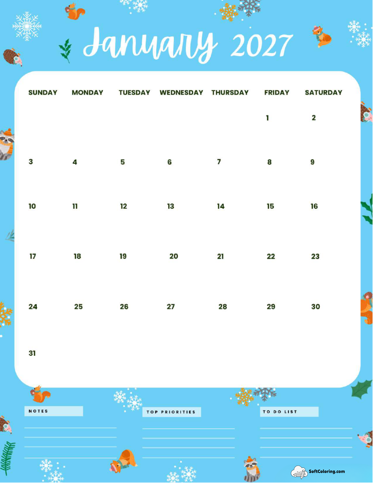 January 2027 Calendar Printable Winter Portrait