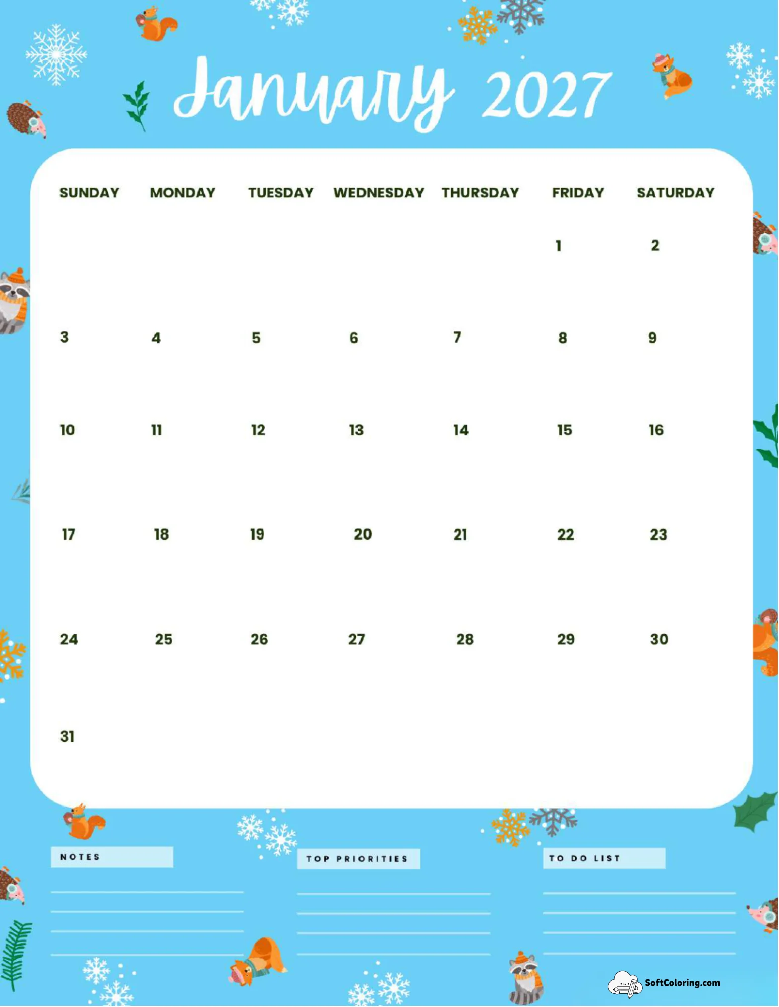 January 2027 Calendar Printable Winter Landscape