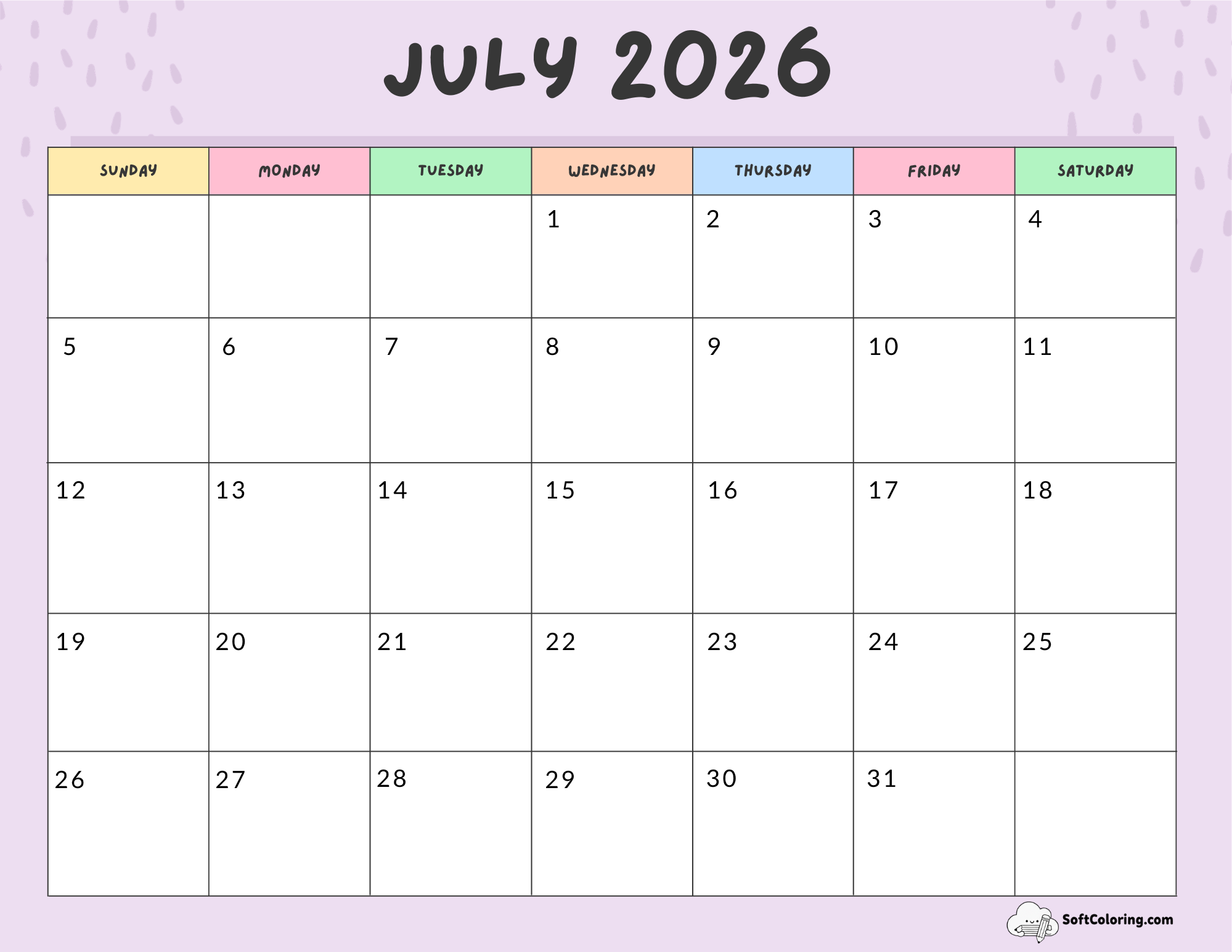 July 2026 Calendar Printable Colorful Landscape