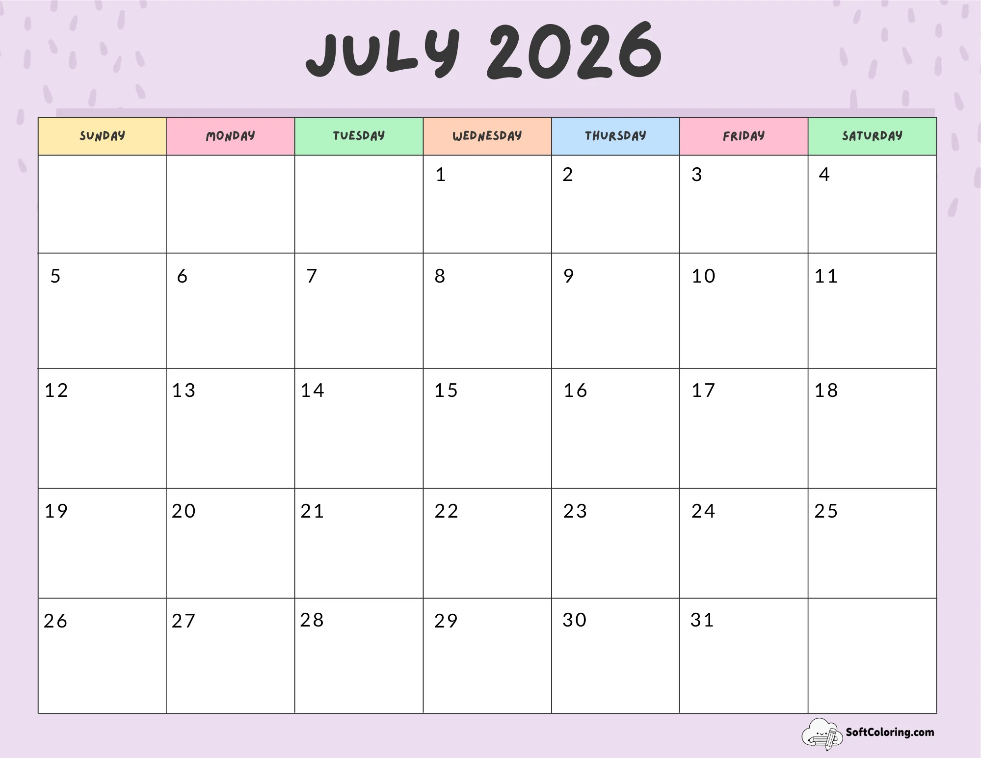July 2026 Calendar Printable Colorful Landscape