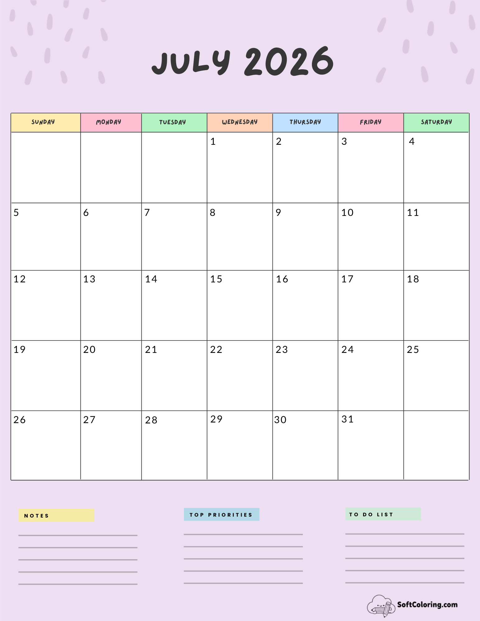 July 2026 Calendar Printable Colorful Portrait