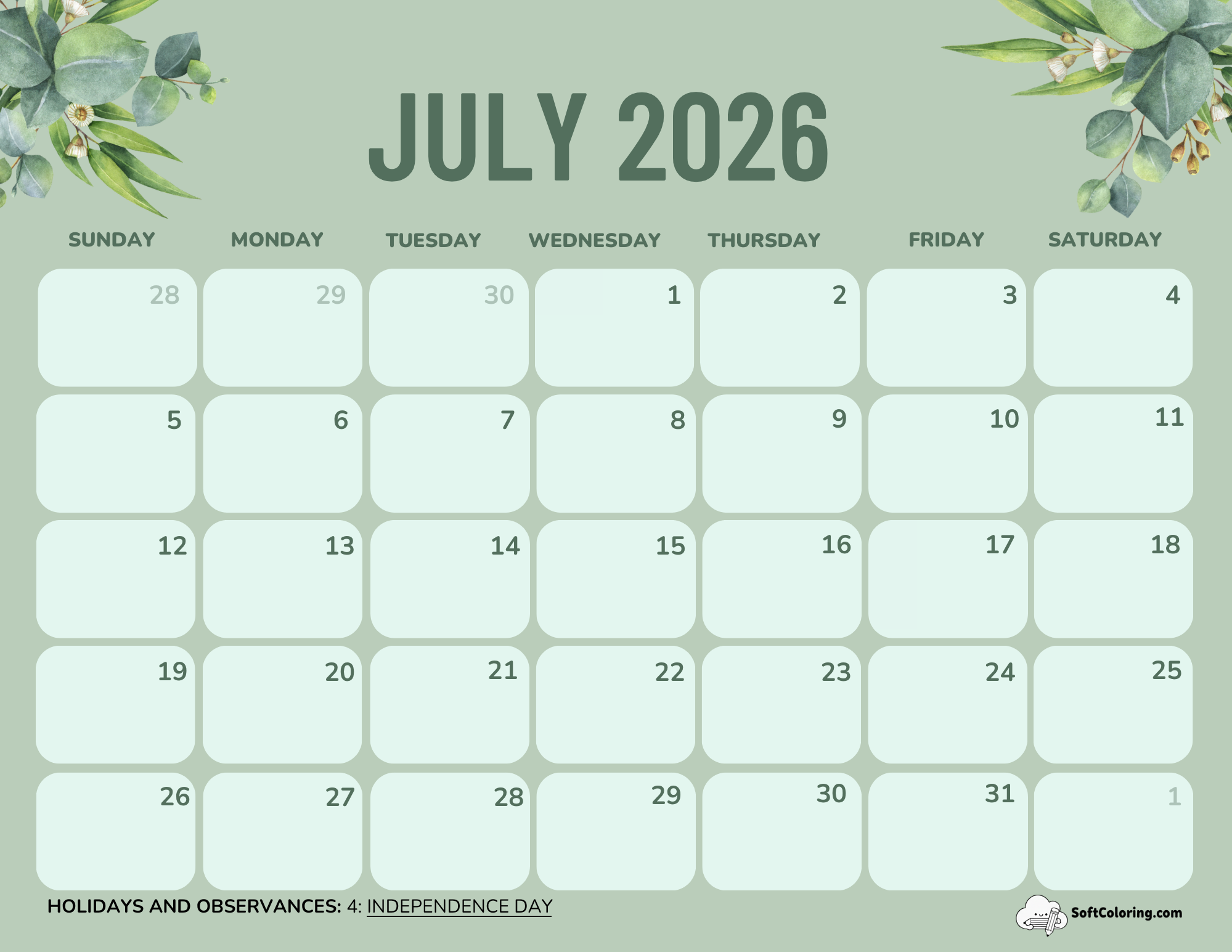 July 2026 Calendar Printable Green Landscape