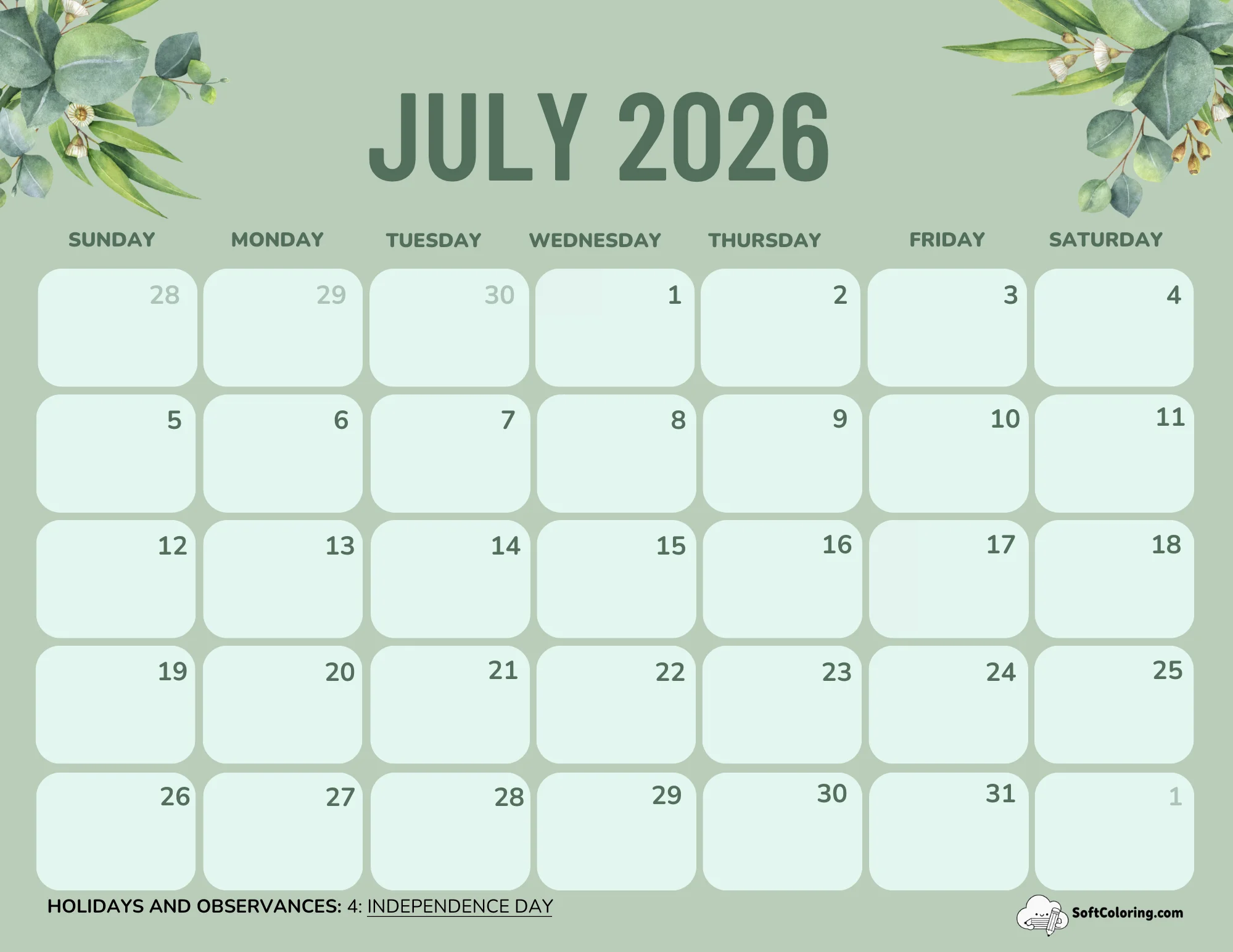 July 2026 Calendar Printable Green Landscape