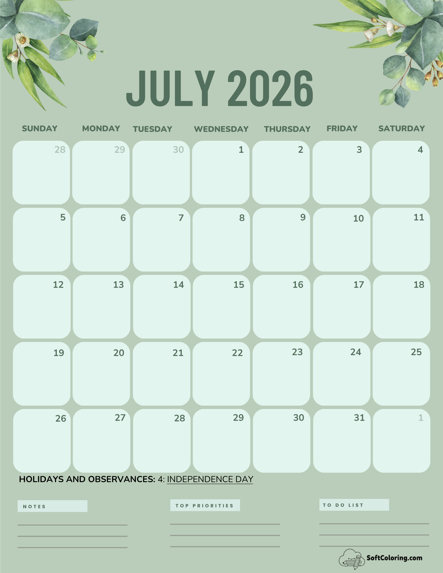 July 2026 Calendar Printable Green Portrait