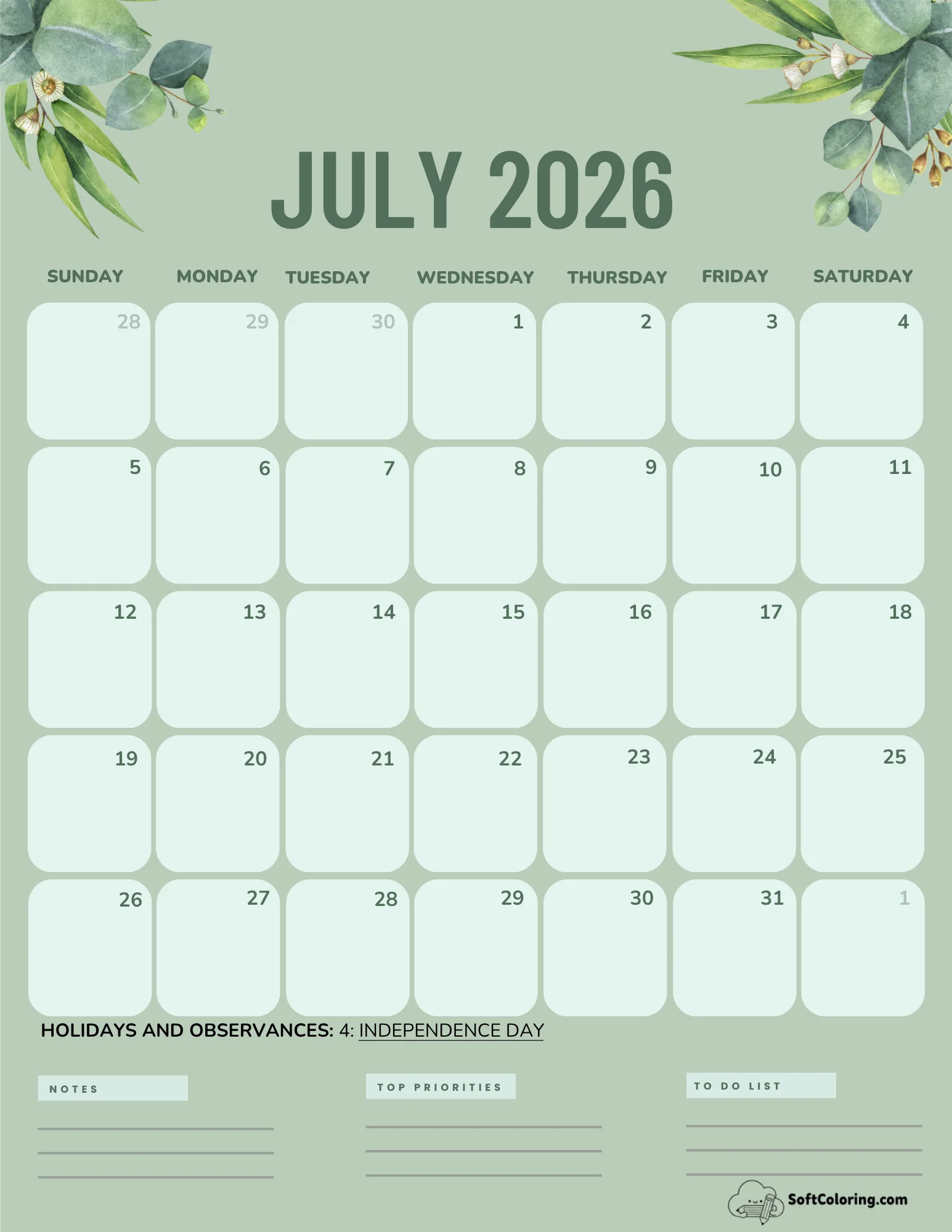 July 2026 Calendar Printable Green Portrait