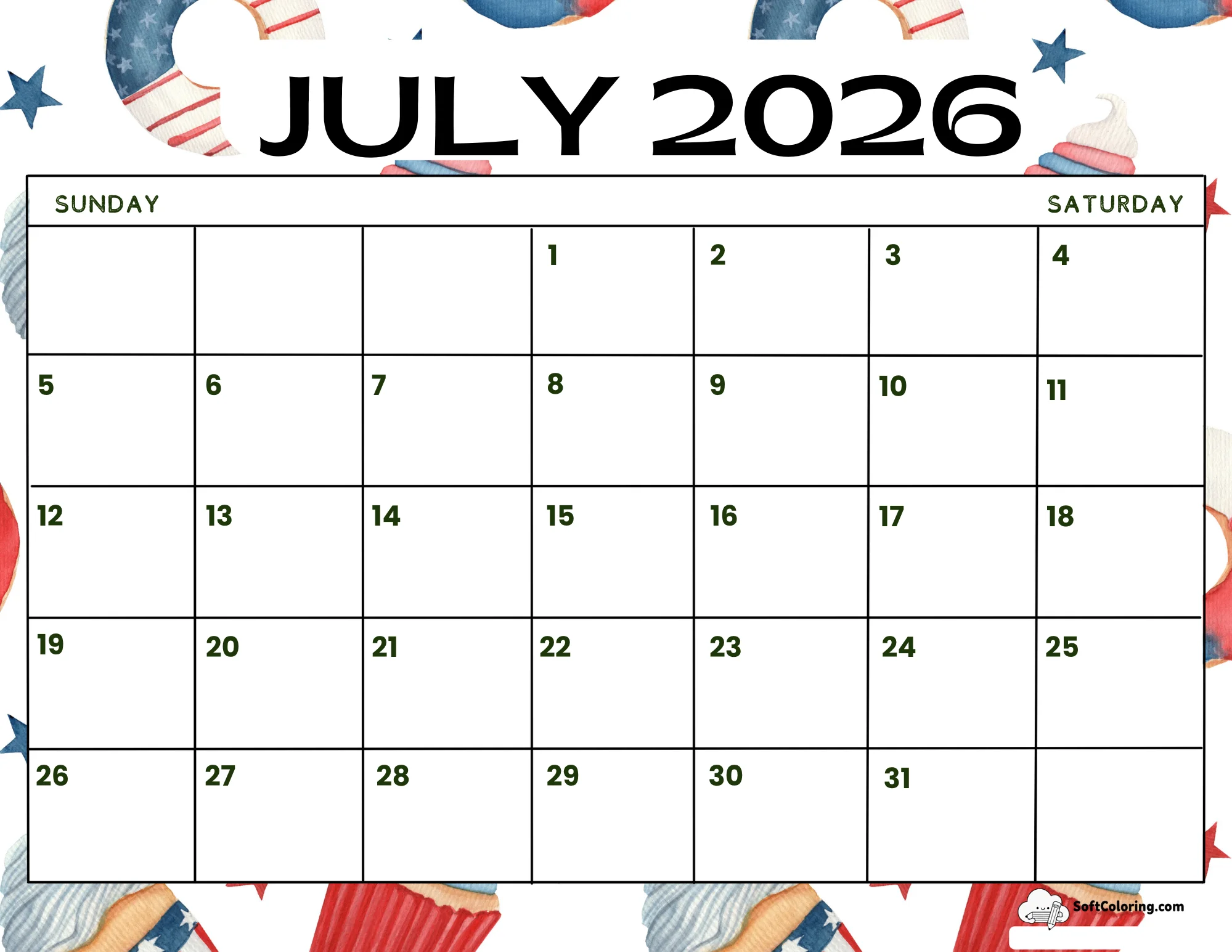 July 2026 Calendar Printable Independence Day 4 Landscape