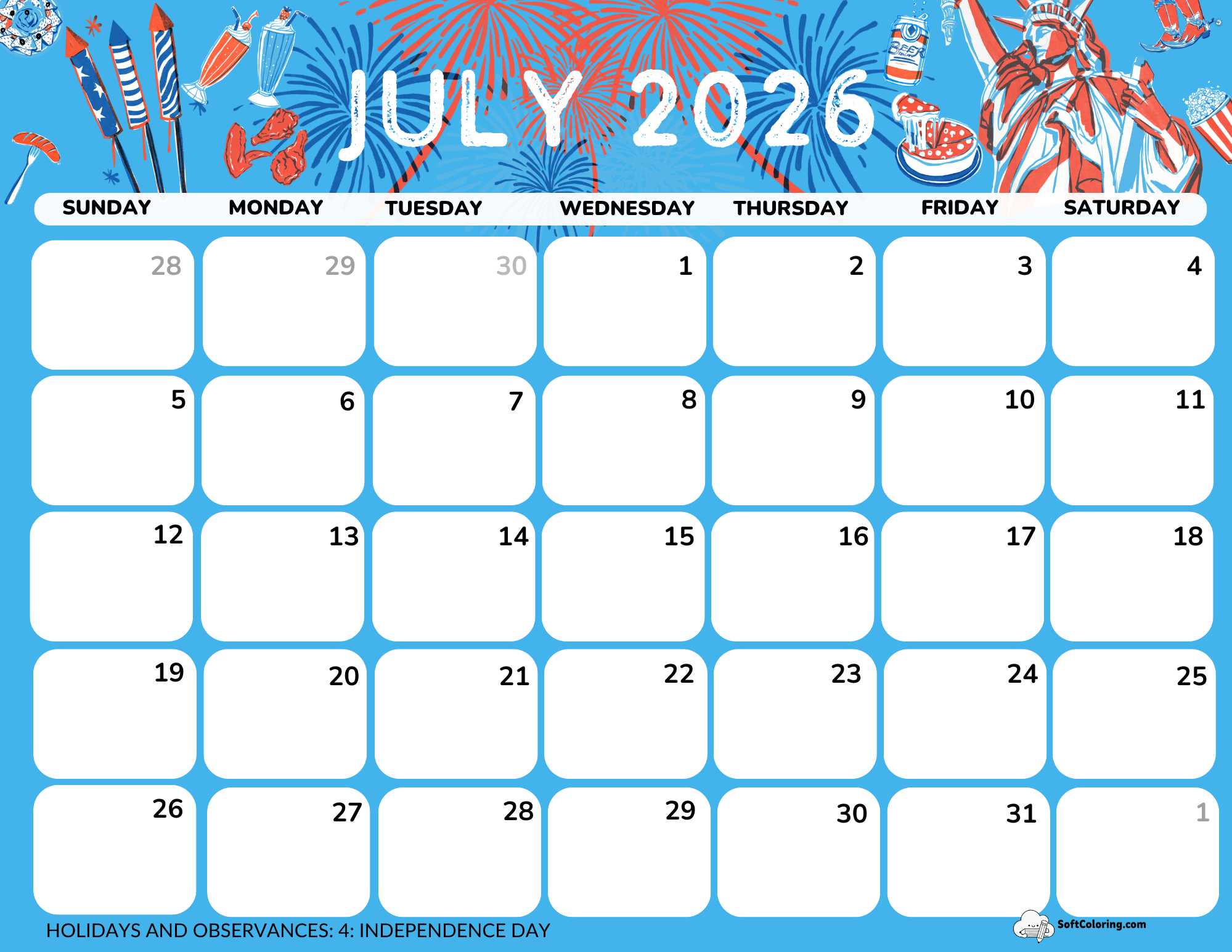 July 2026 Calendar Printable Independence Day Landscape