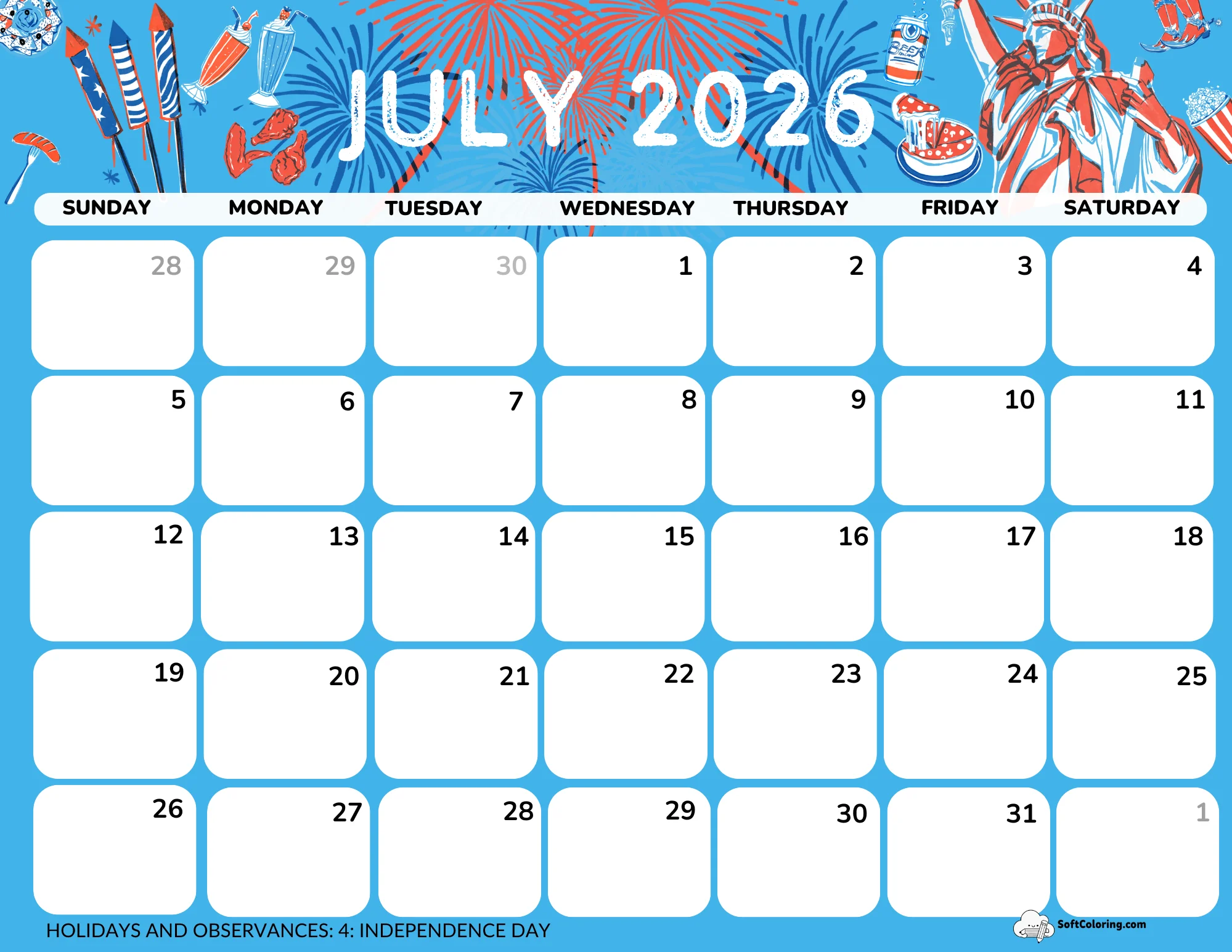 July 2026 Calendar Printable Independence Day Landscape