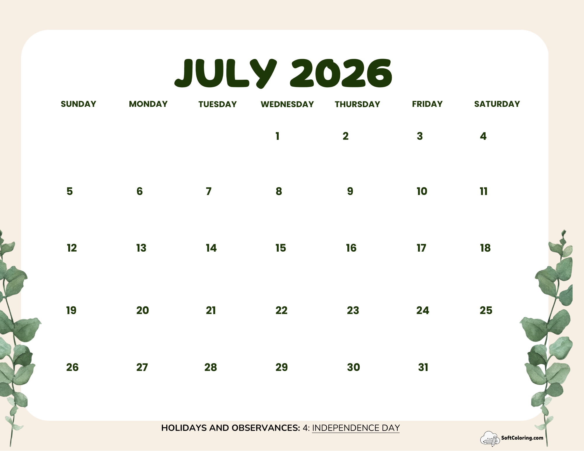 July 2026 Calendar Printable Leaves Landscape