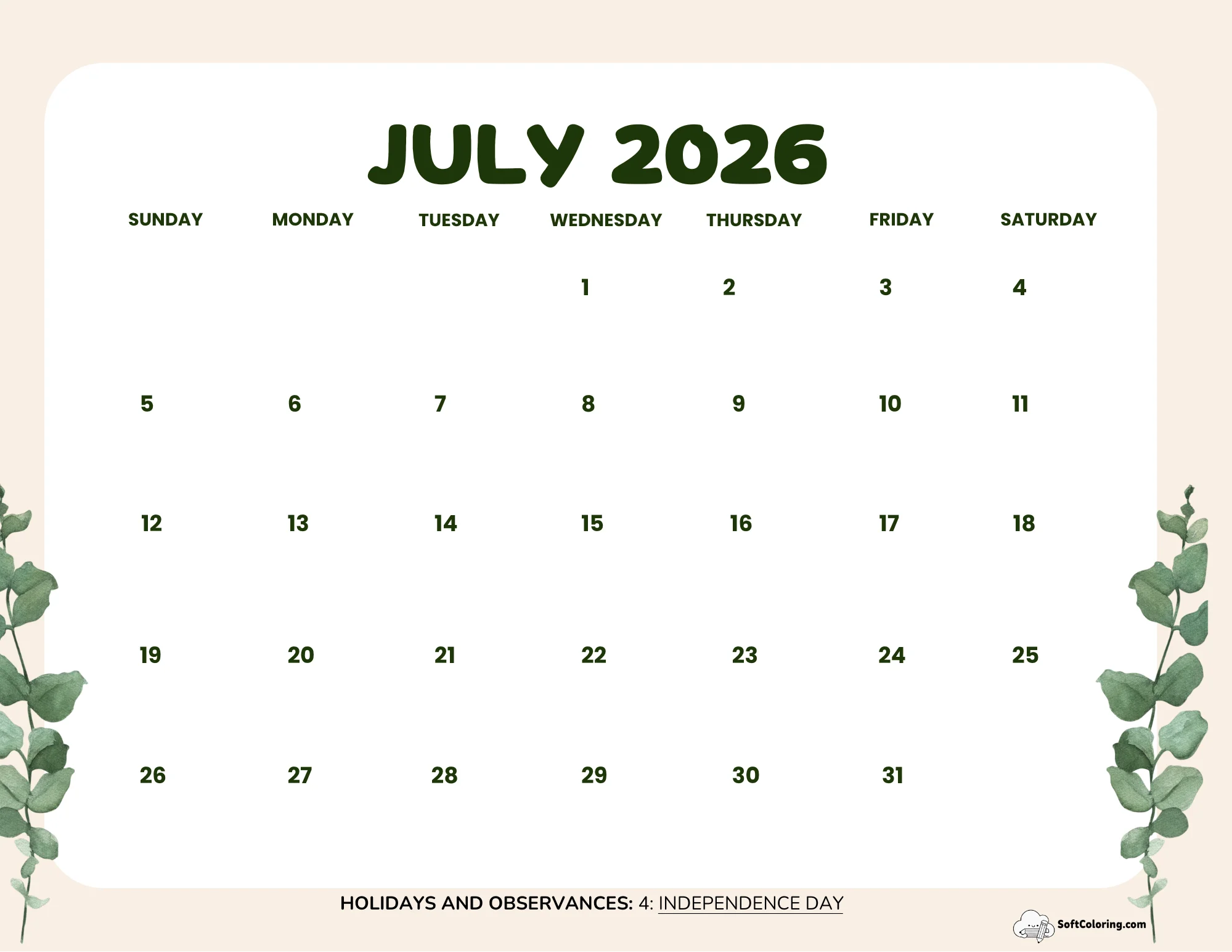 July 2026 Calendar Printable Leaves Landscape