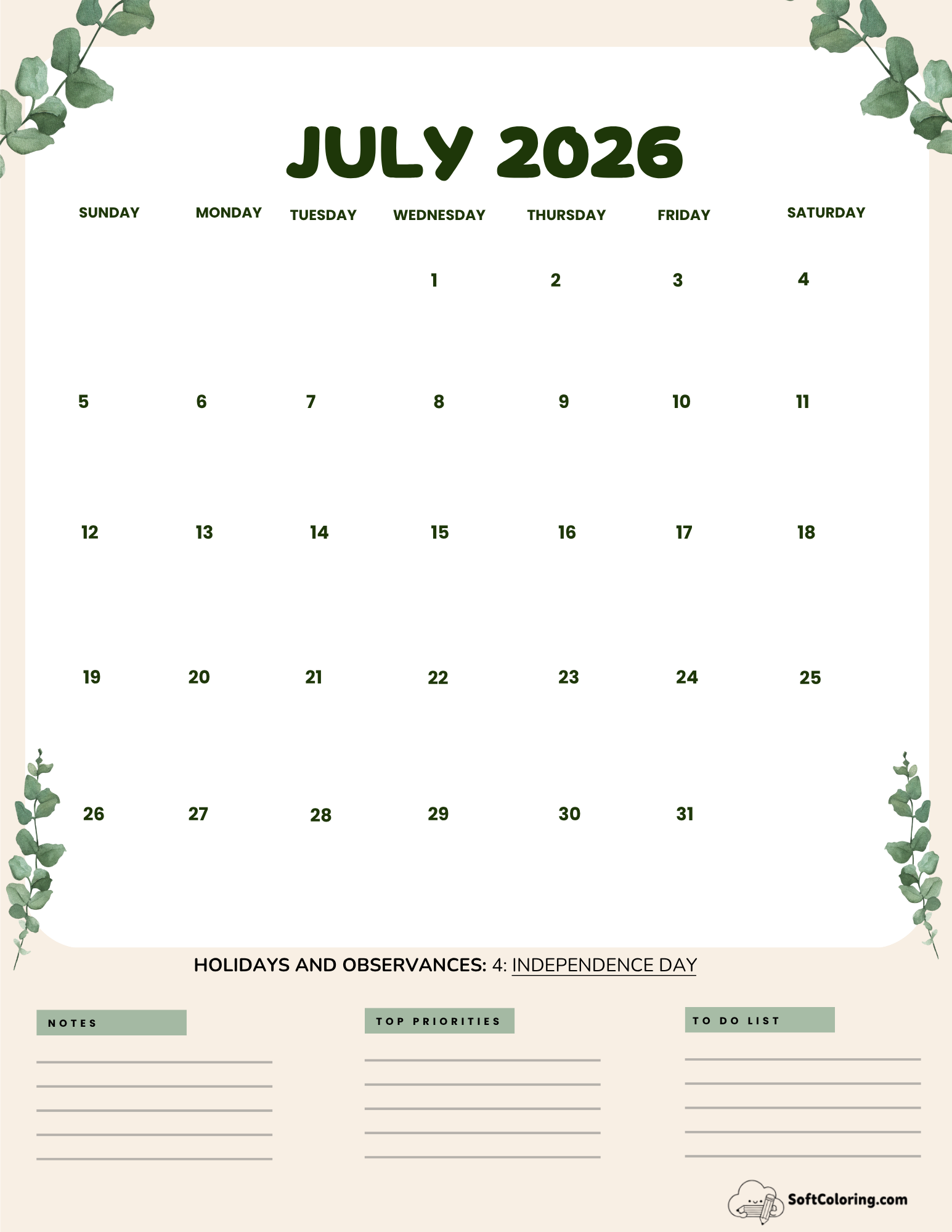 July 2026 Calendar Printable Leaves Portrait