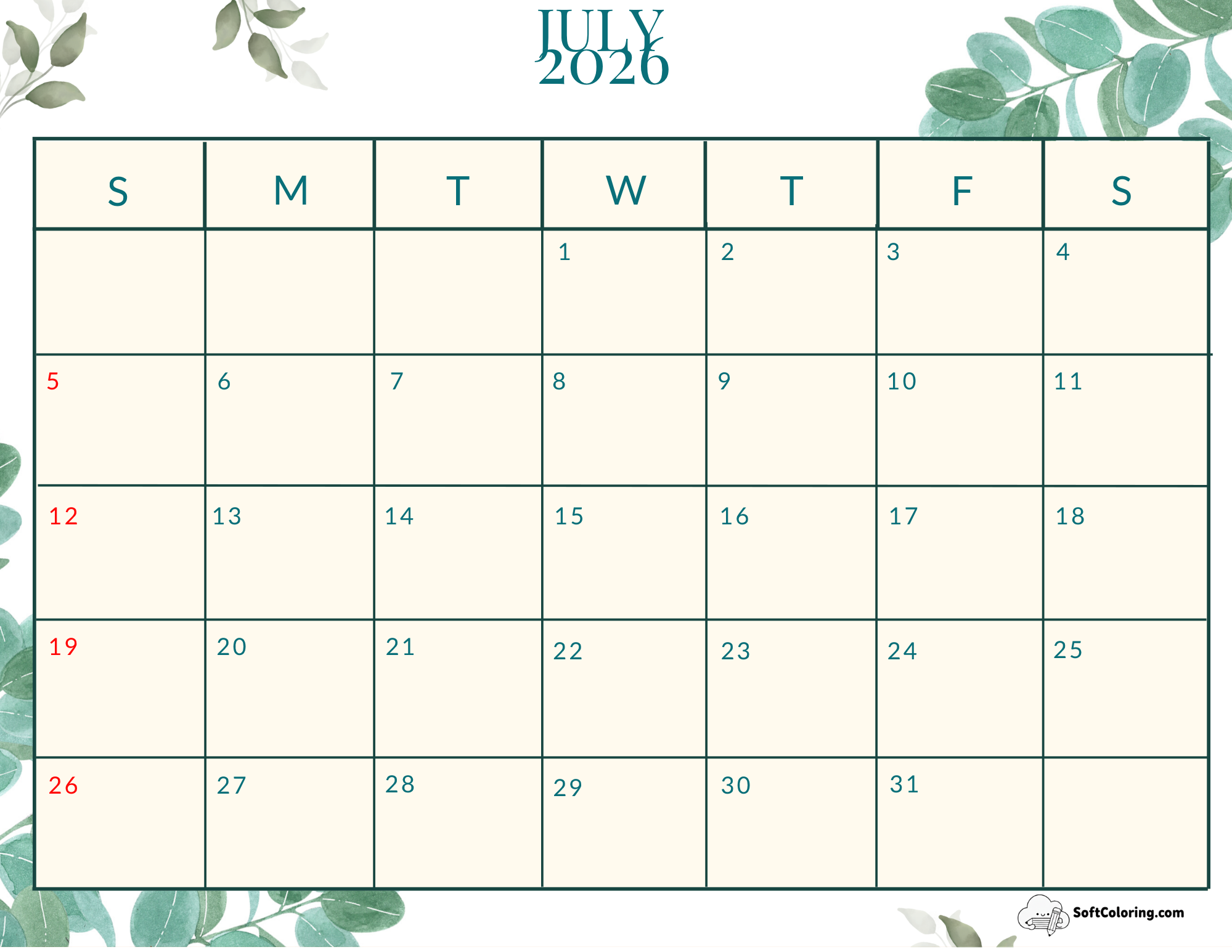 July 2026 Calendar Printable Nature Landscape