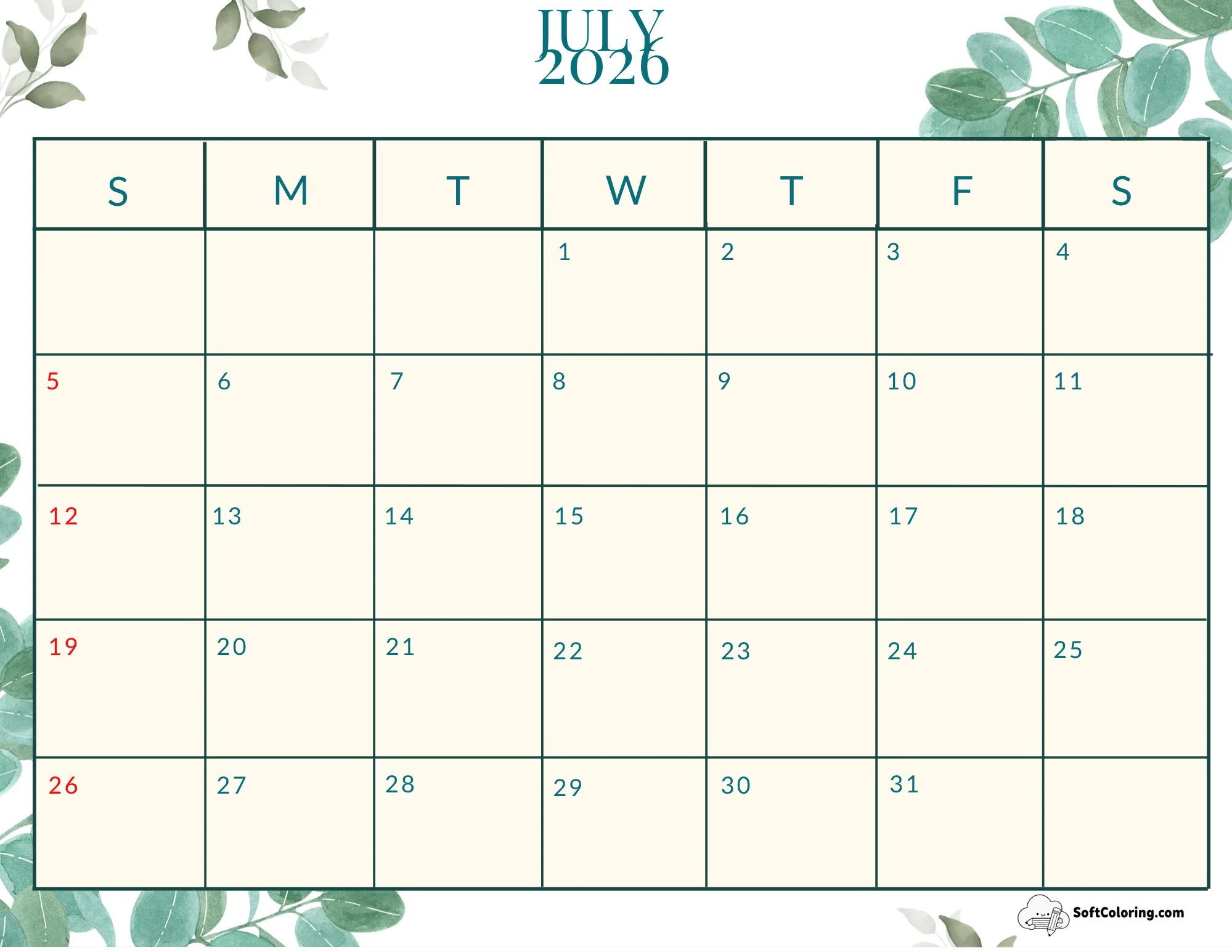 July 2026 Calendar Printable Nature Landscape
