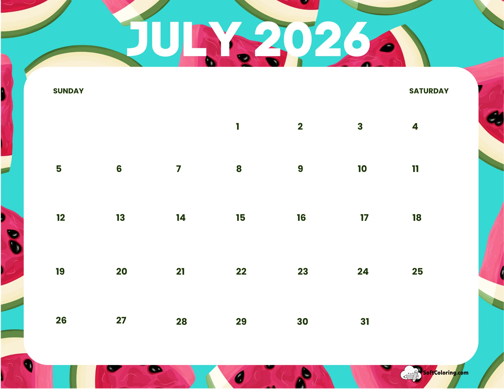July 2026 Calendar Printable Watermelon Landscape