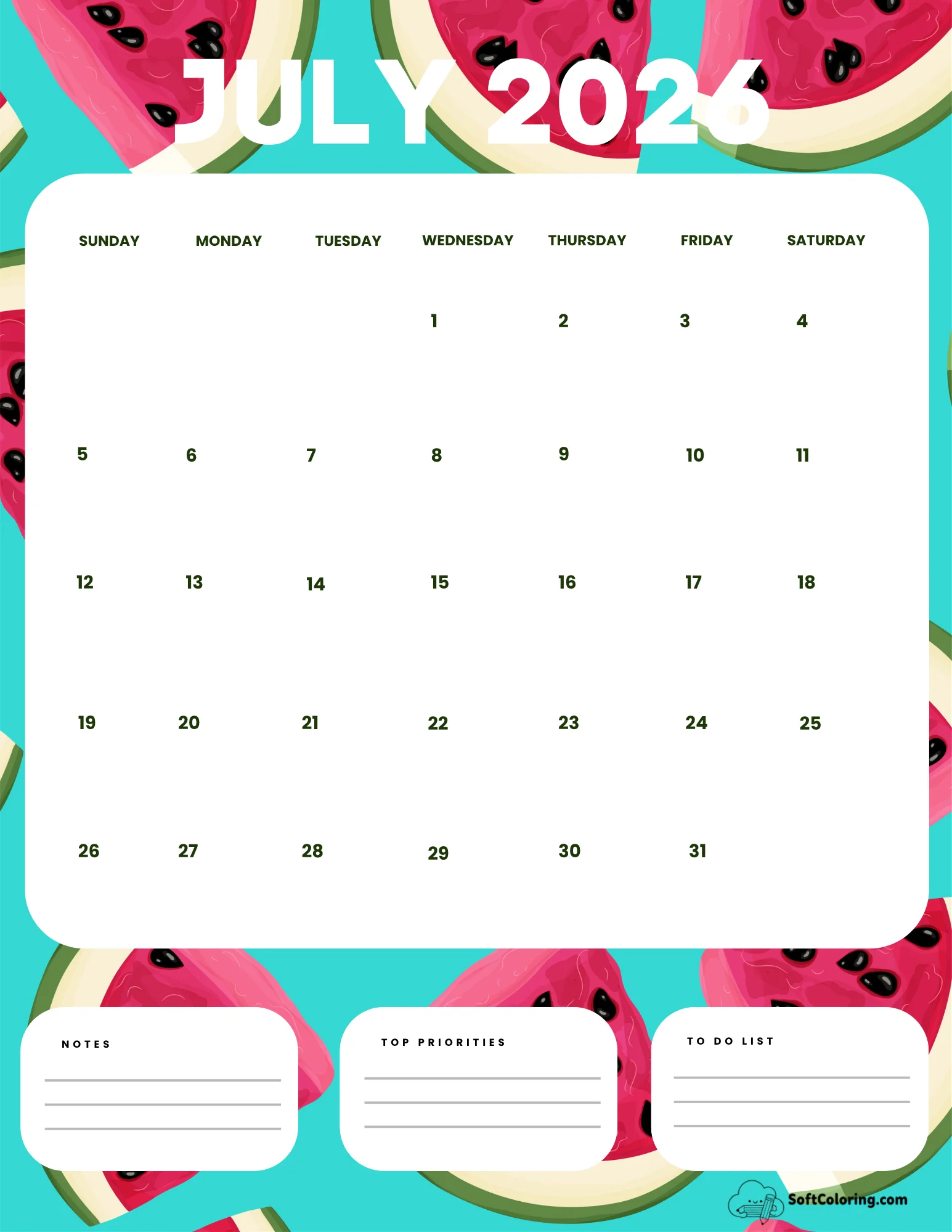 July 2026 Calendar Printable Watermelon Portrait
