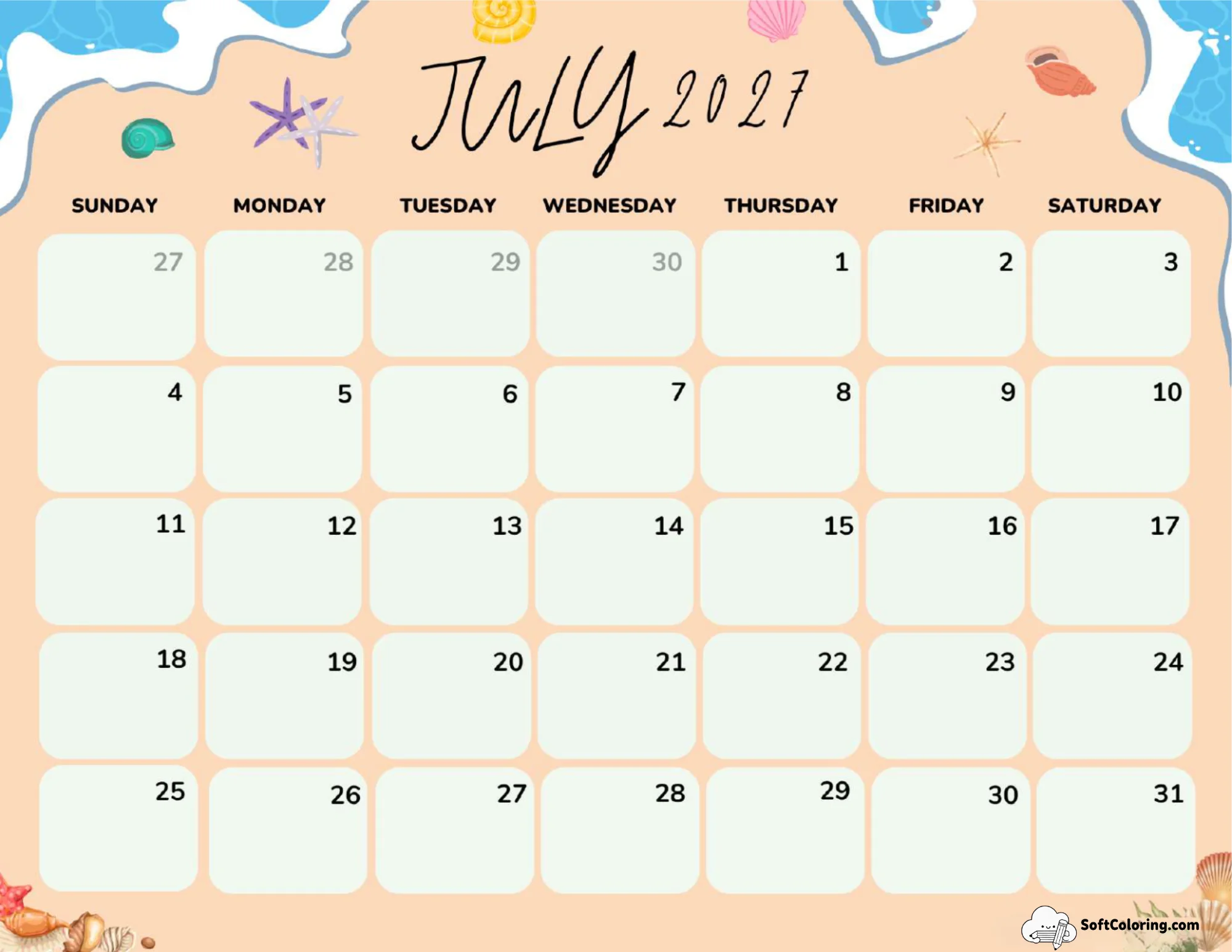 July 2027 Calendar Printable Beach Landscape