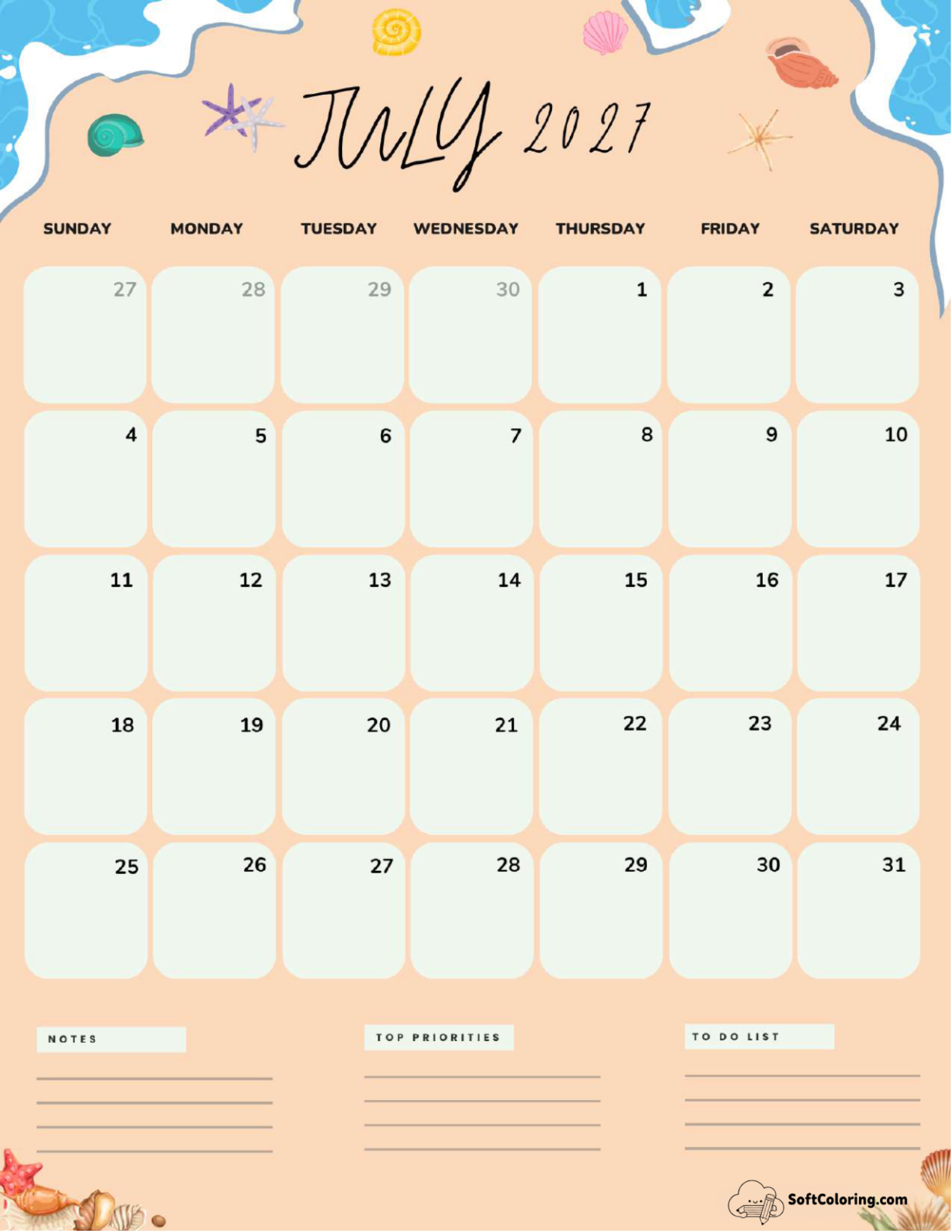 July 2027 Calendar Printable Beach Portrait