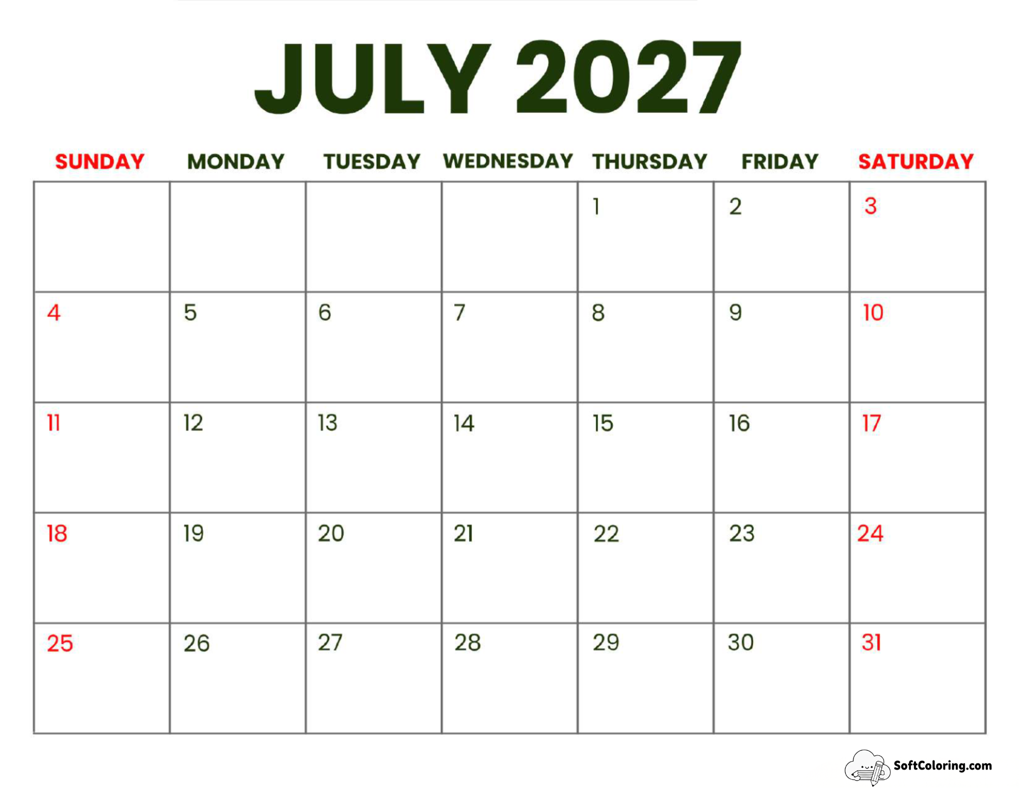 July 2027 Calendar Printable Business Landscape