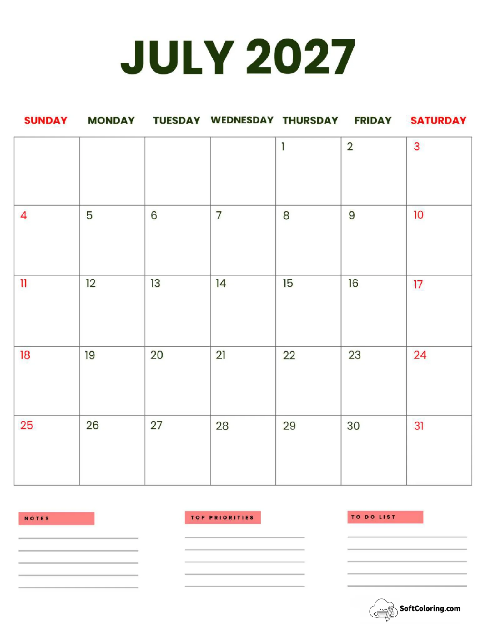July 2027 Calendar Printable Business Portrait