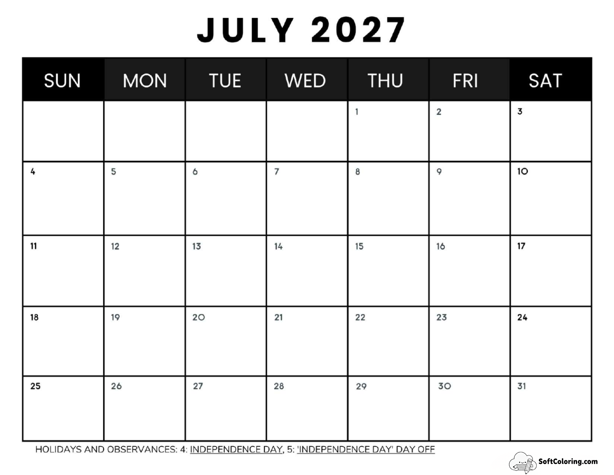 July 2027 Calendar Printable Business4 Landscape