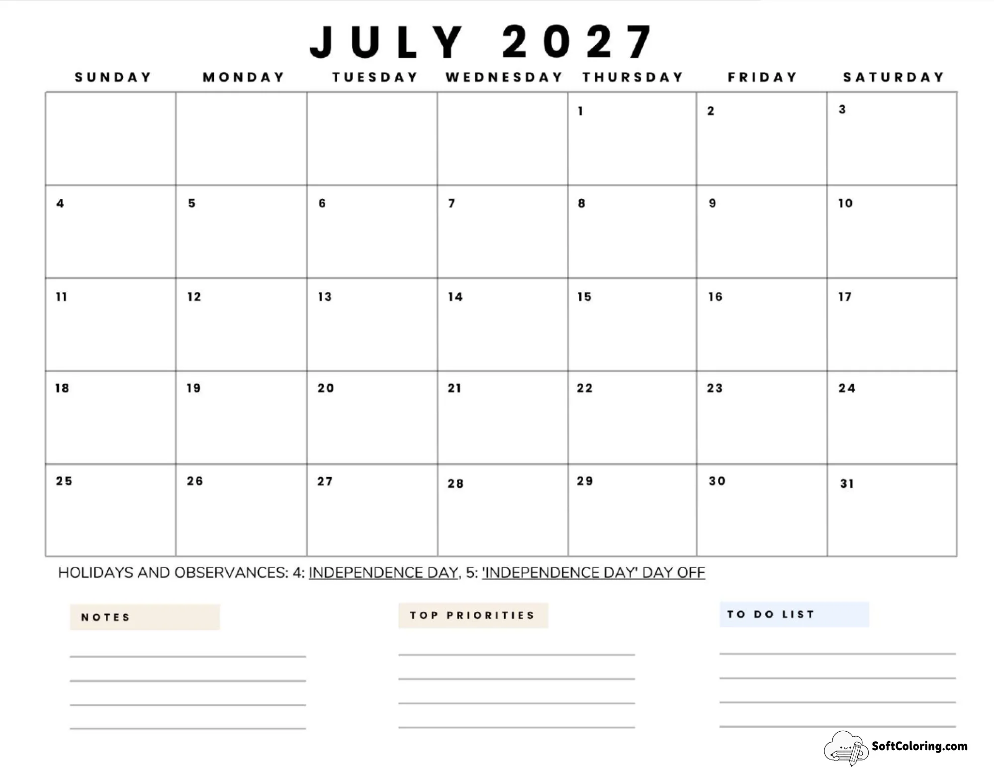 July 2027 Calendar Printable Business5 Landscape