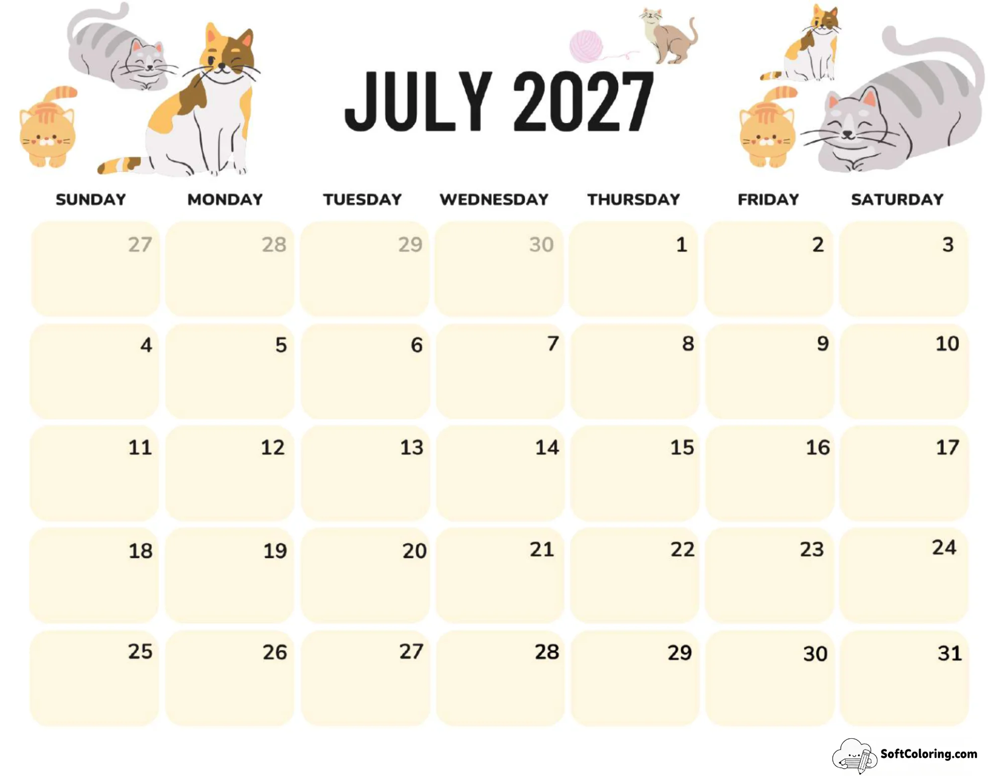 July 2027 Calendar Printable Cats Landscape