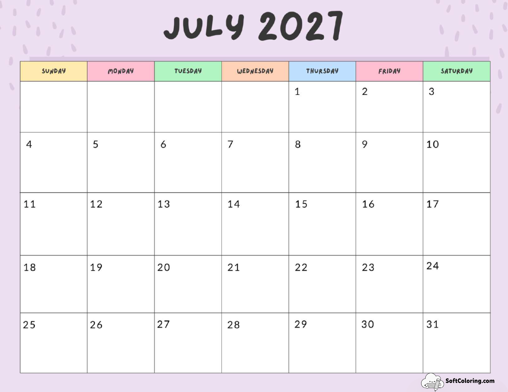 July 2027 Calendar Printable Colorful Landscape
