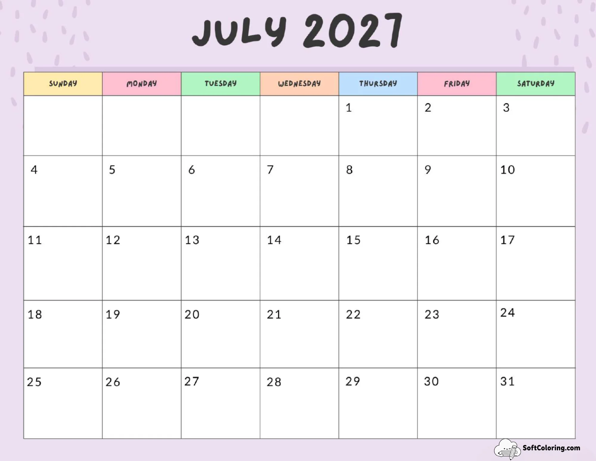 July 2027 Calendar Printable Colorful Landscape