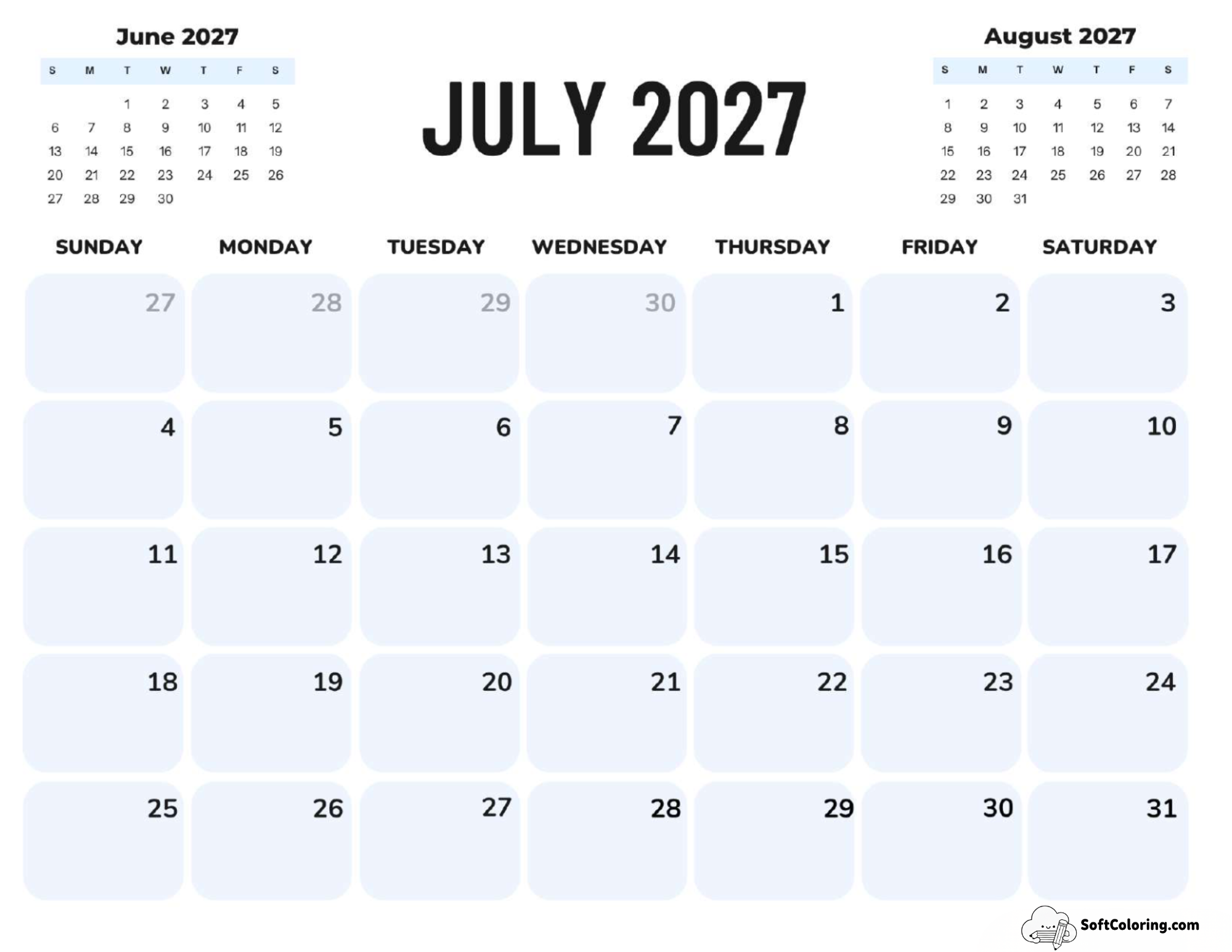 July 2027 Calendar Printable Corporate Landscape