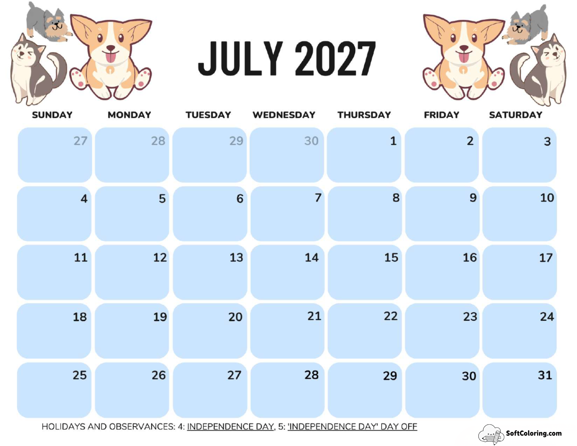 July 2027 Calendar Printable Dogs Landscape