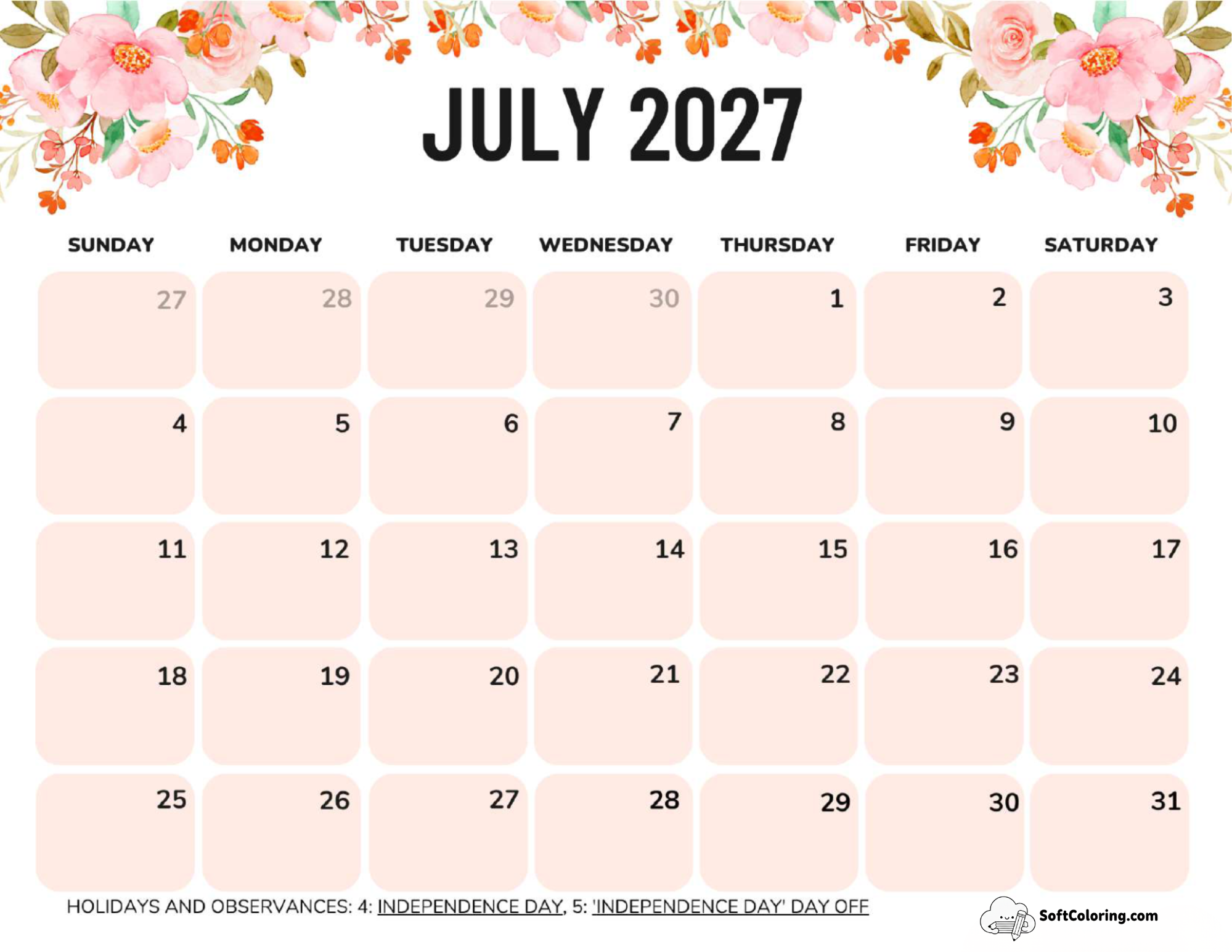 July 2027 Calendar Printable Flowers Landscape