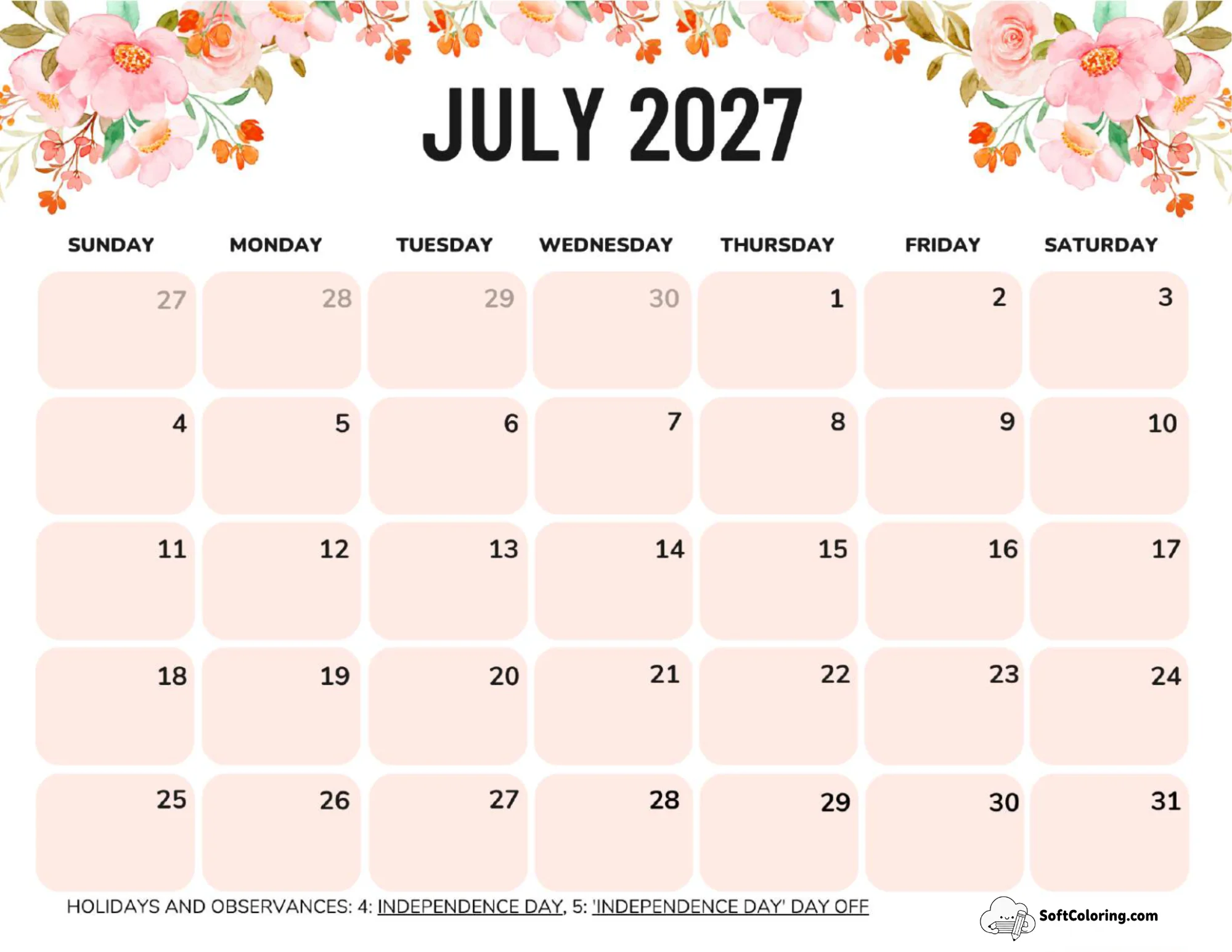 July 2027 Calendar Printable Flowers Landscape