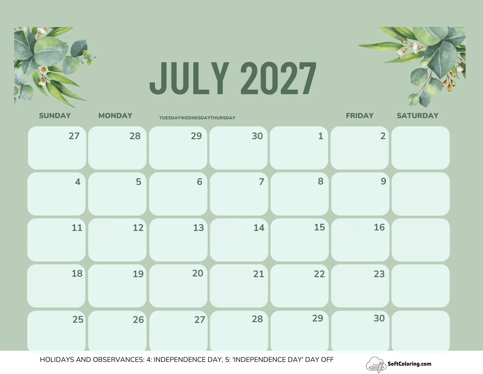 July 2027 Calendar Printable Green Landscape