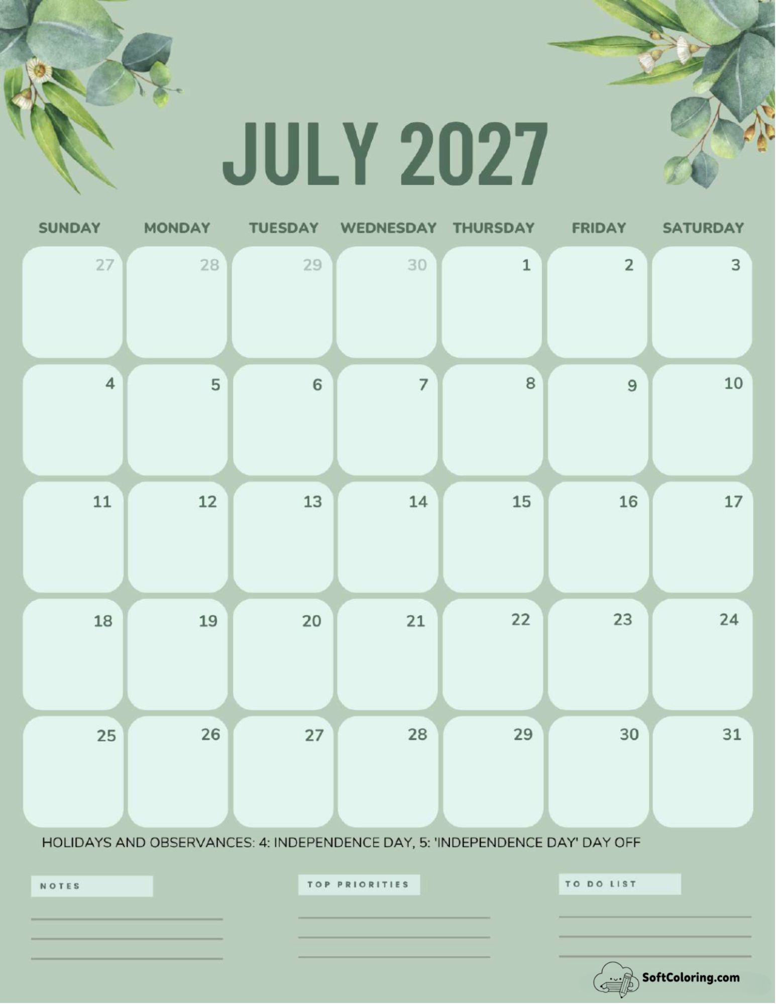 July 2027 Calendar Printable Green Portrait