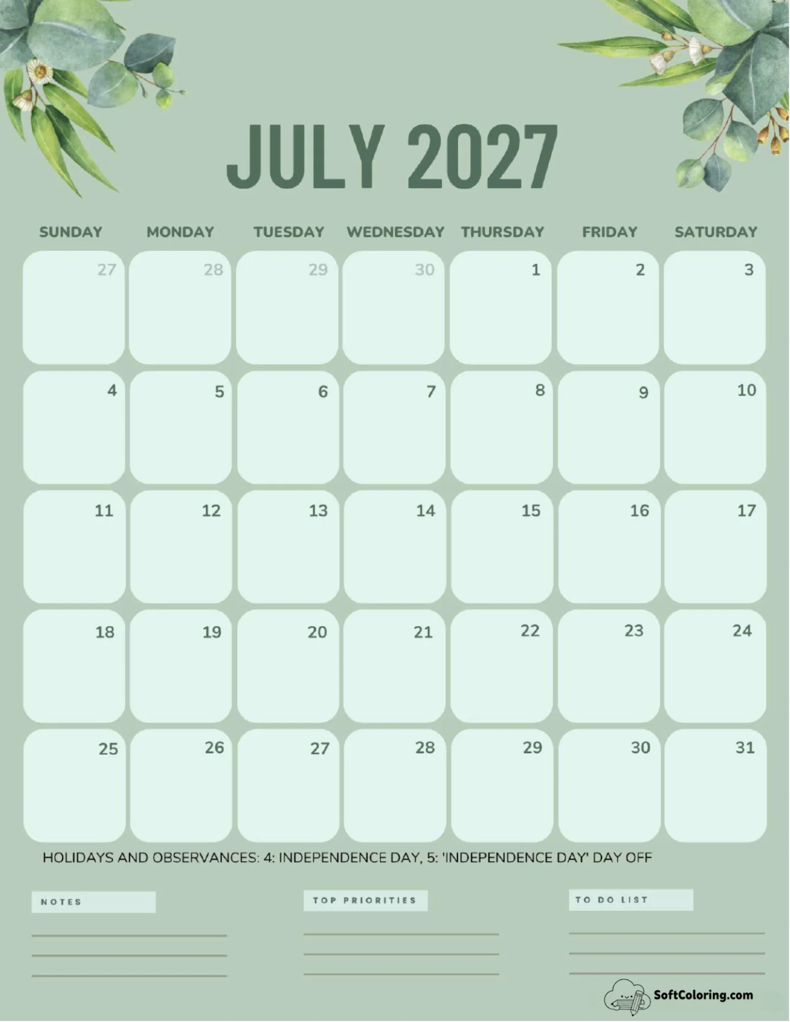 July 2027 Calendar Printable Green Portrait