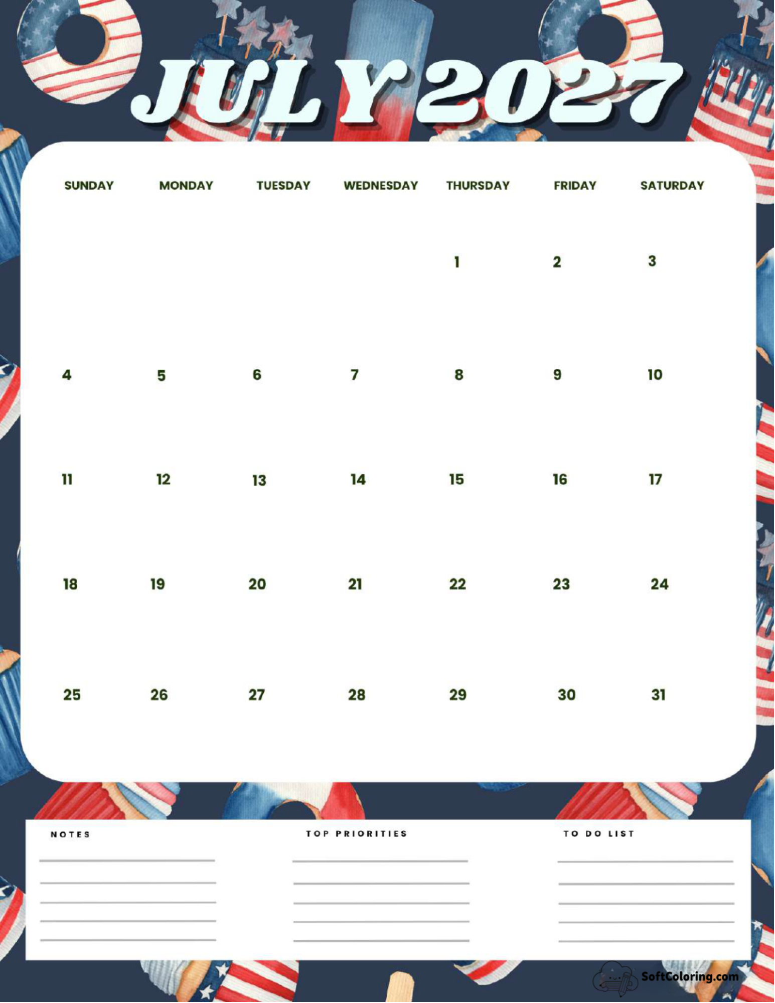 July 2027 Calendar Printable Independence Day 2 Portrait
