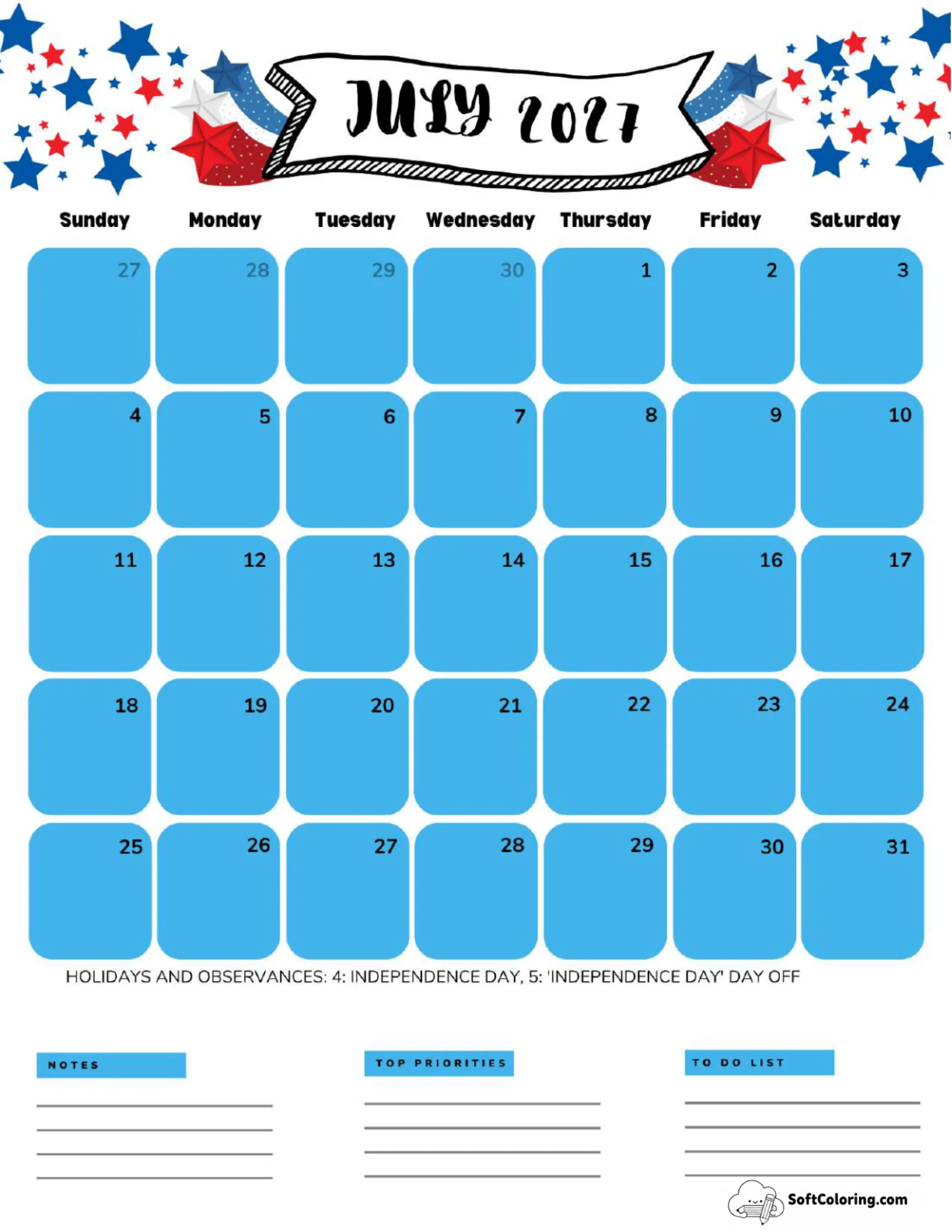 July 2027 Calendar Printable Independence Day 3 Portrait