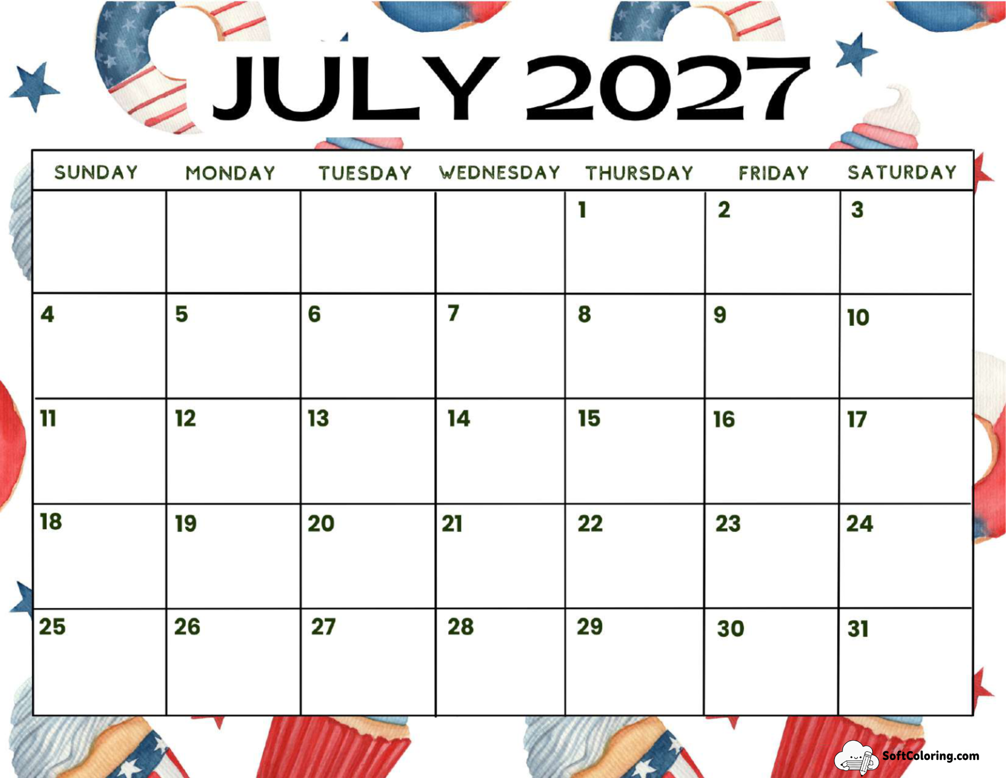 July 2027 Calendar Printable Independence Day 4 Landscape