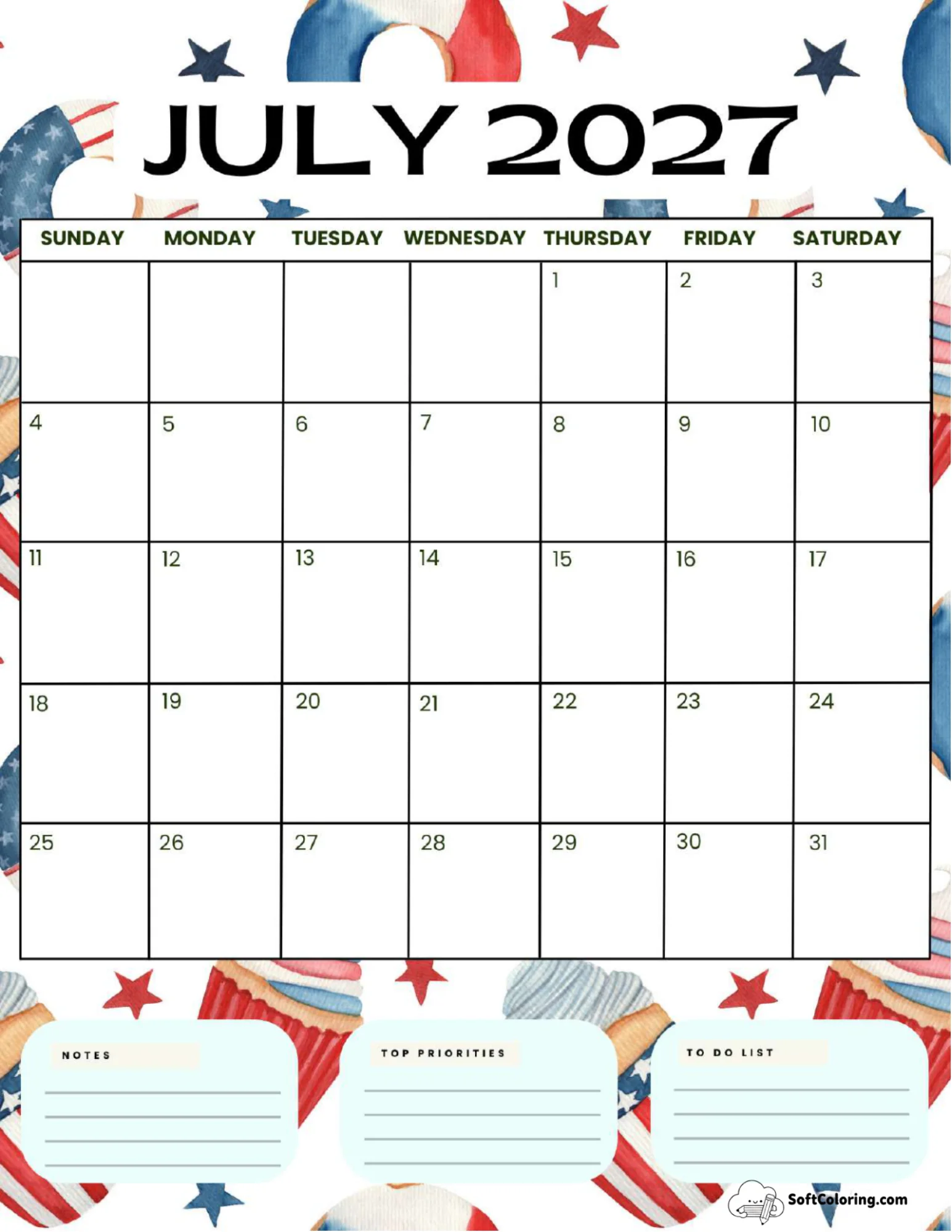 July 2027 Calendar Printable Independence Day 4 Portrait