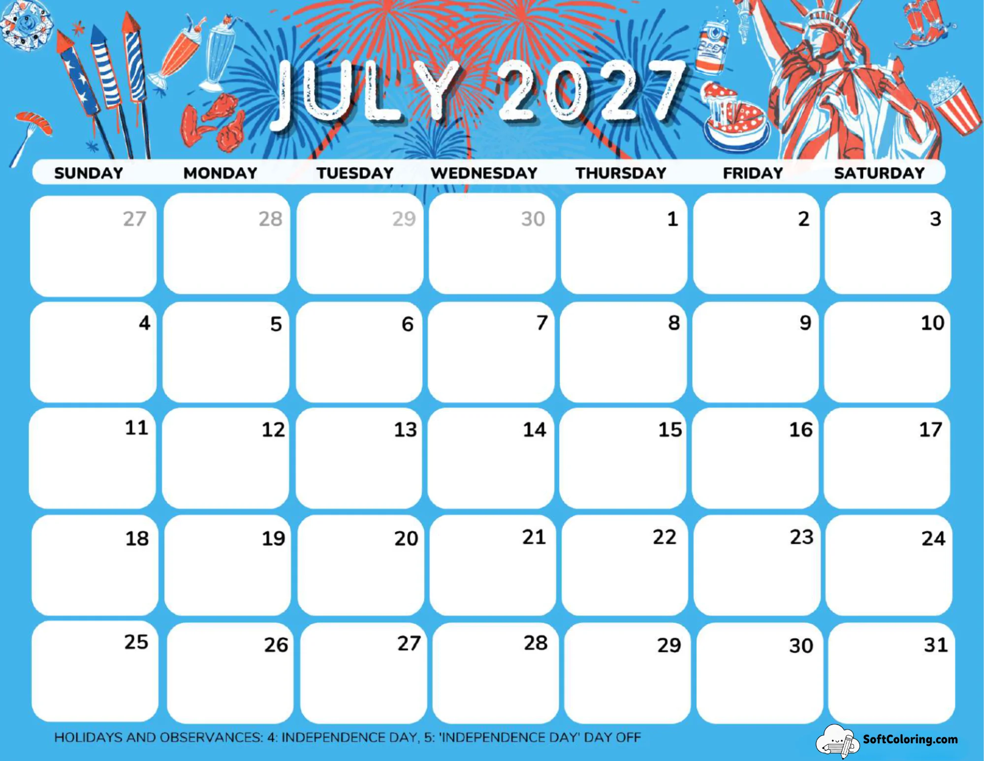 July 2027 Calendar Printable Independence Day Landscape