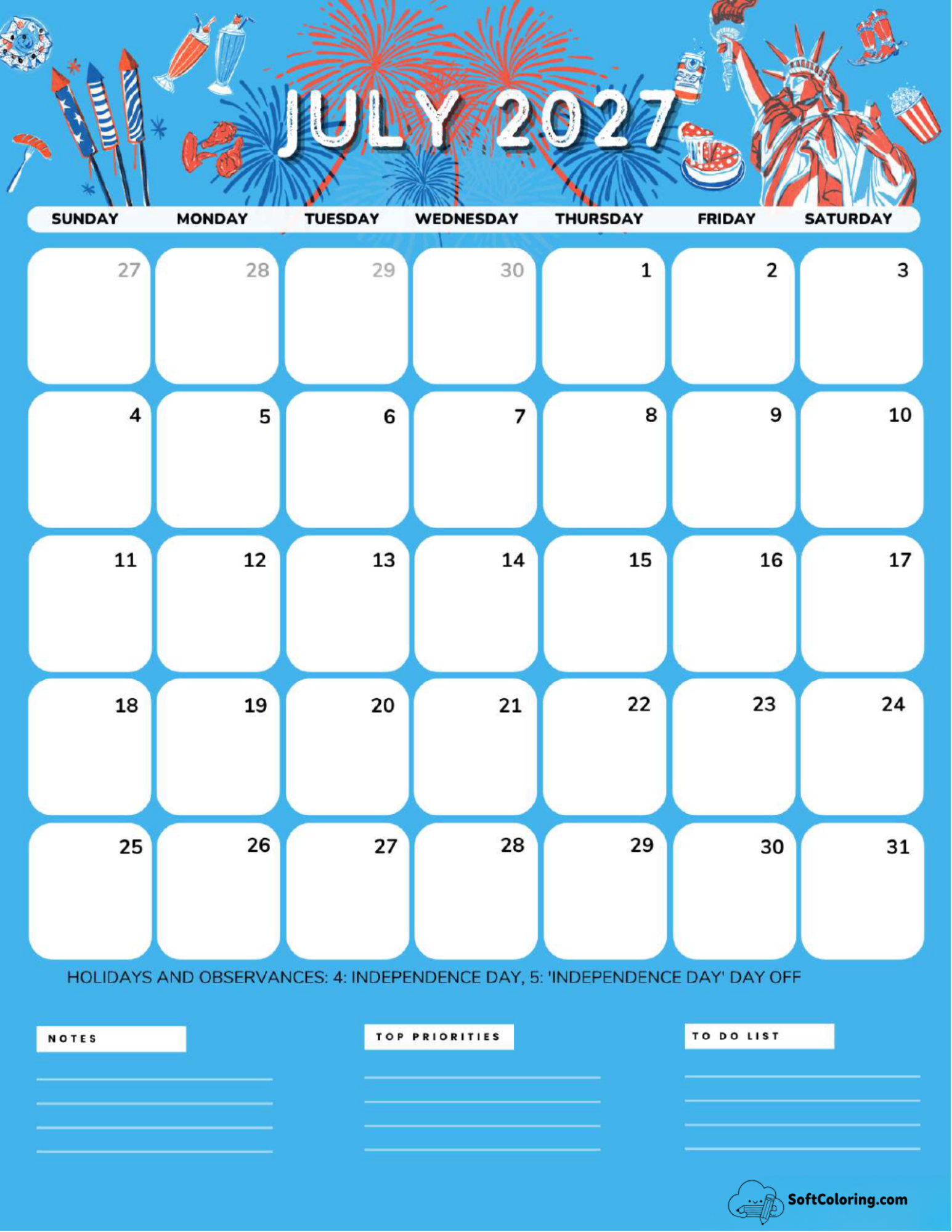 July 2027 Calendar Printable Independence Day Portrait