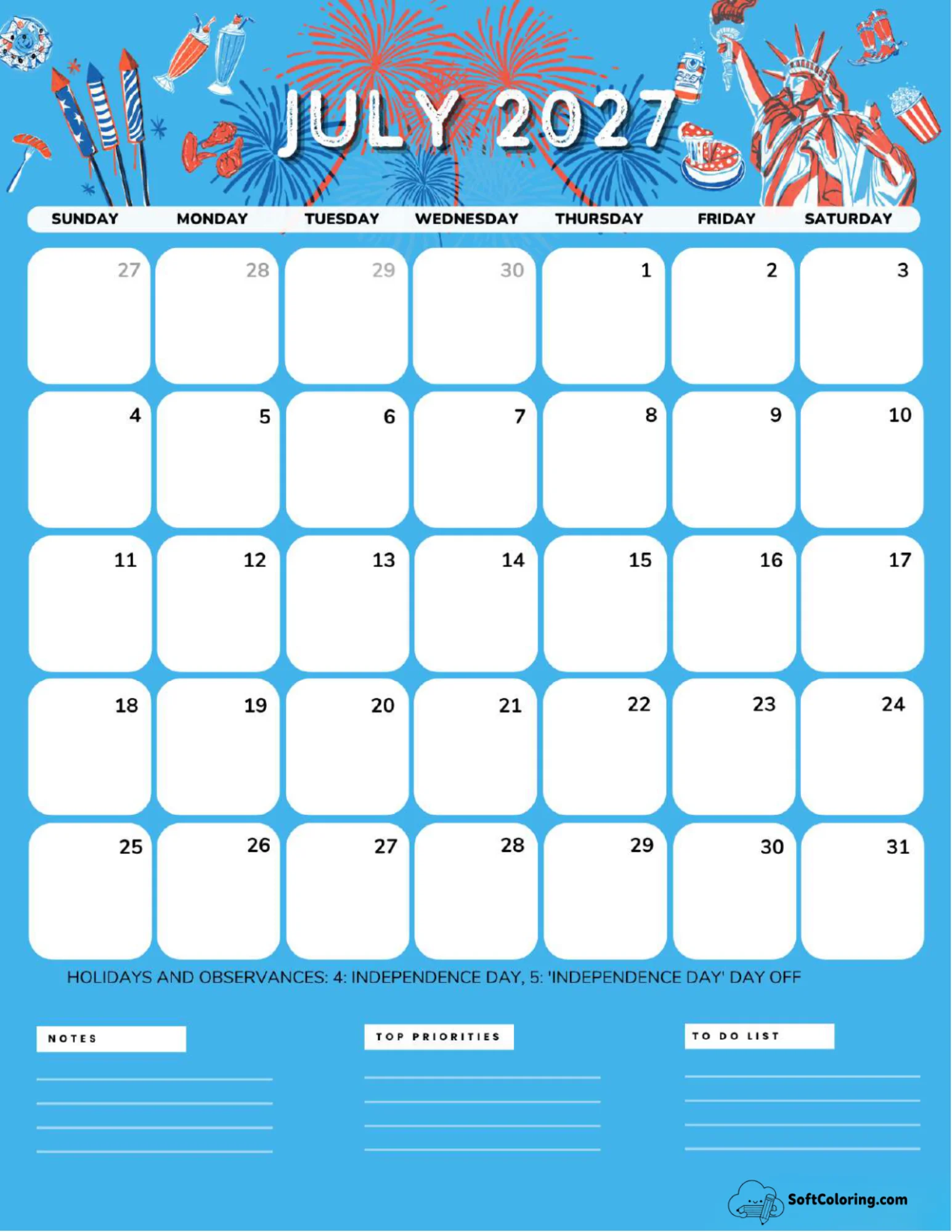 July 2027 Calendar Printable Independence Day Portrait