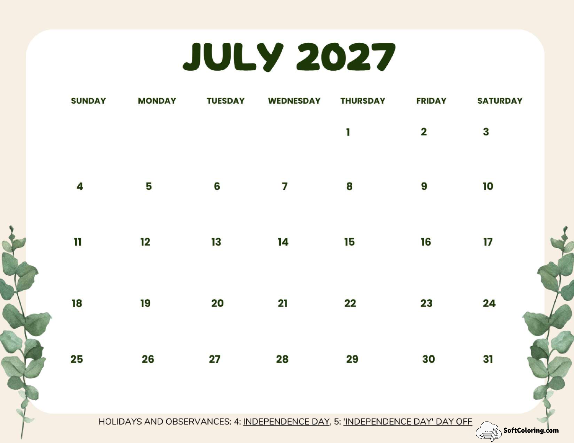 July 2027 Calendar Printable Leaves Landscape