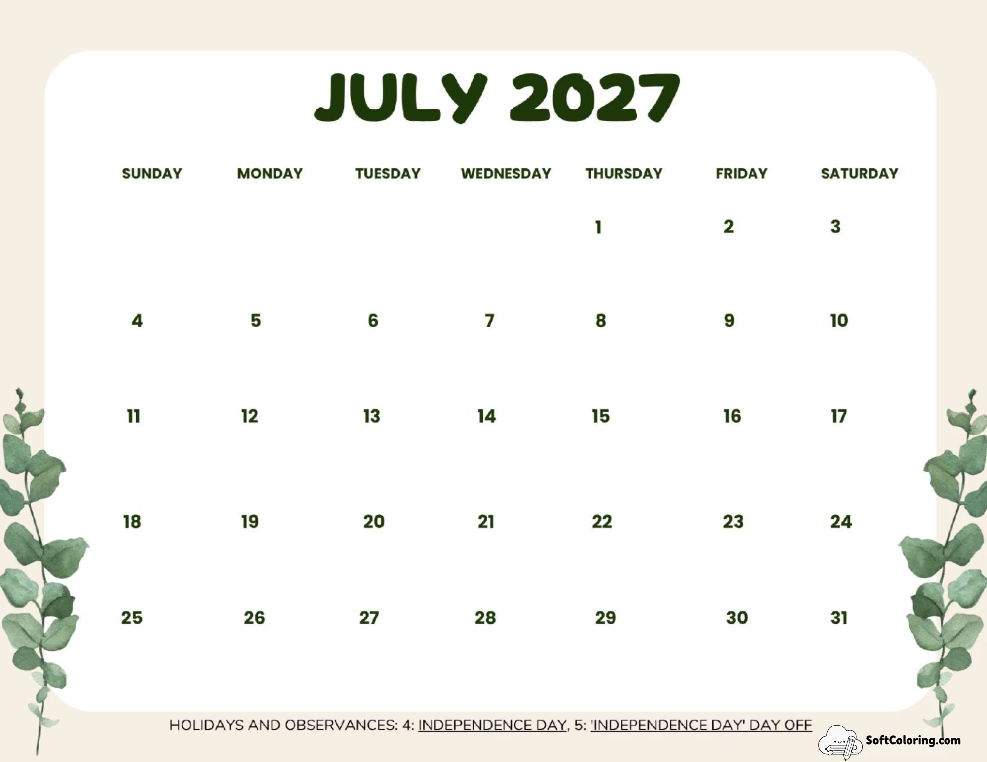 July 2027 Calendar Printable Leaves Landscape