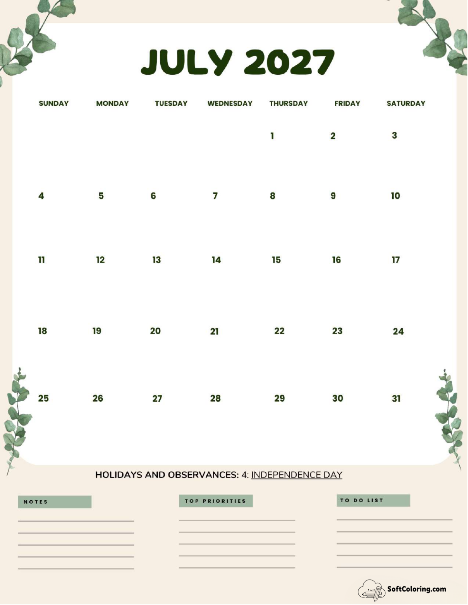 July 2027 Calendar Printable Leaves Portrait