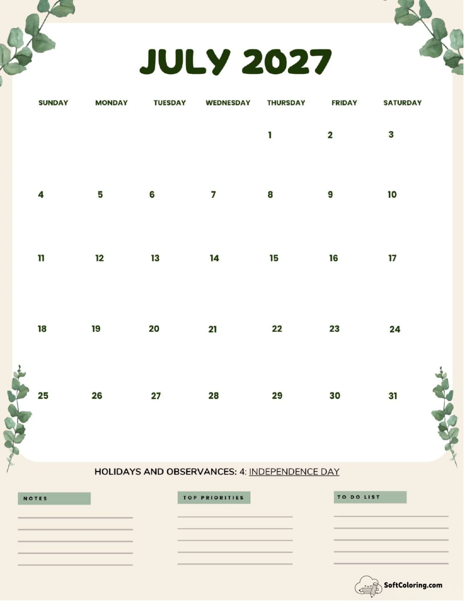July 2027 Calendar Printable Leaves Portrait